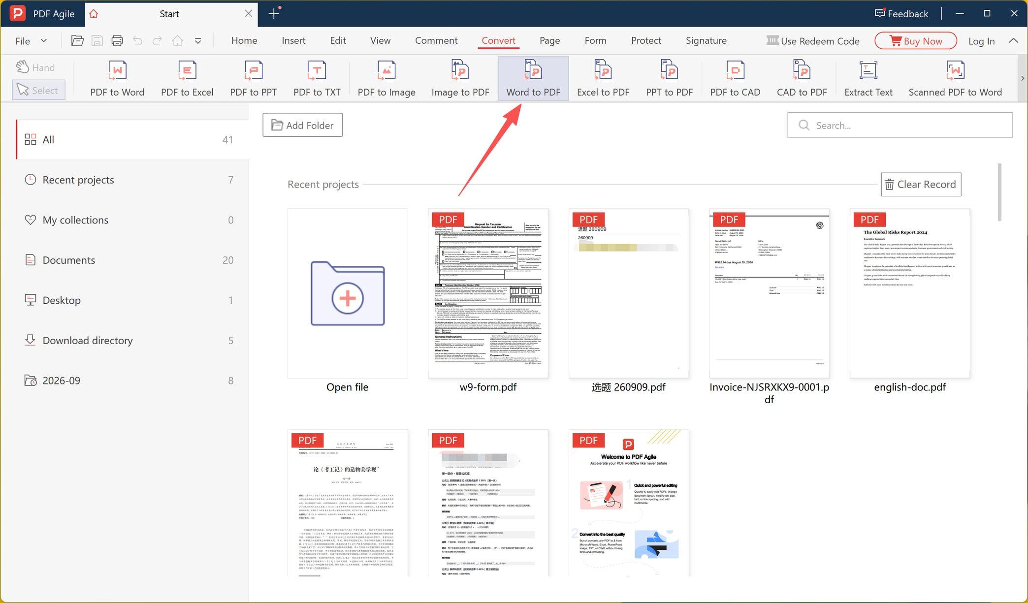 Convert tab in PDF Agile with the Word to PDF tool selected