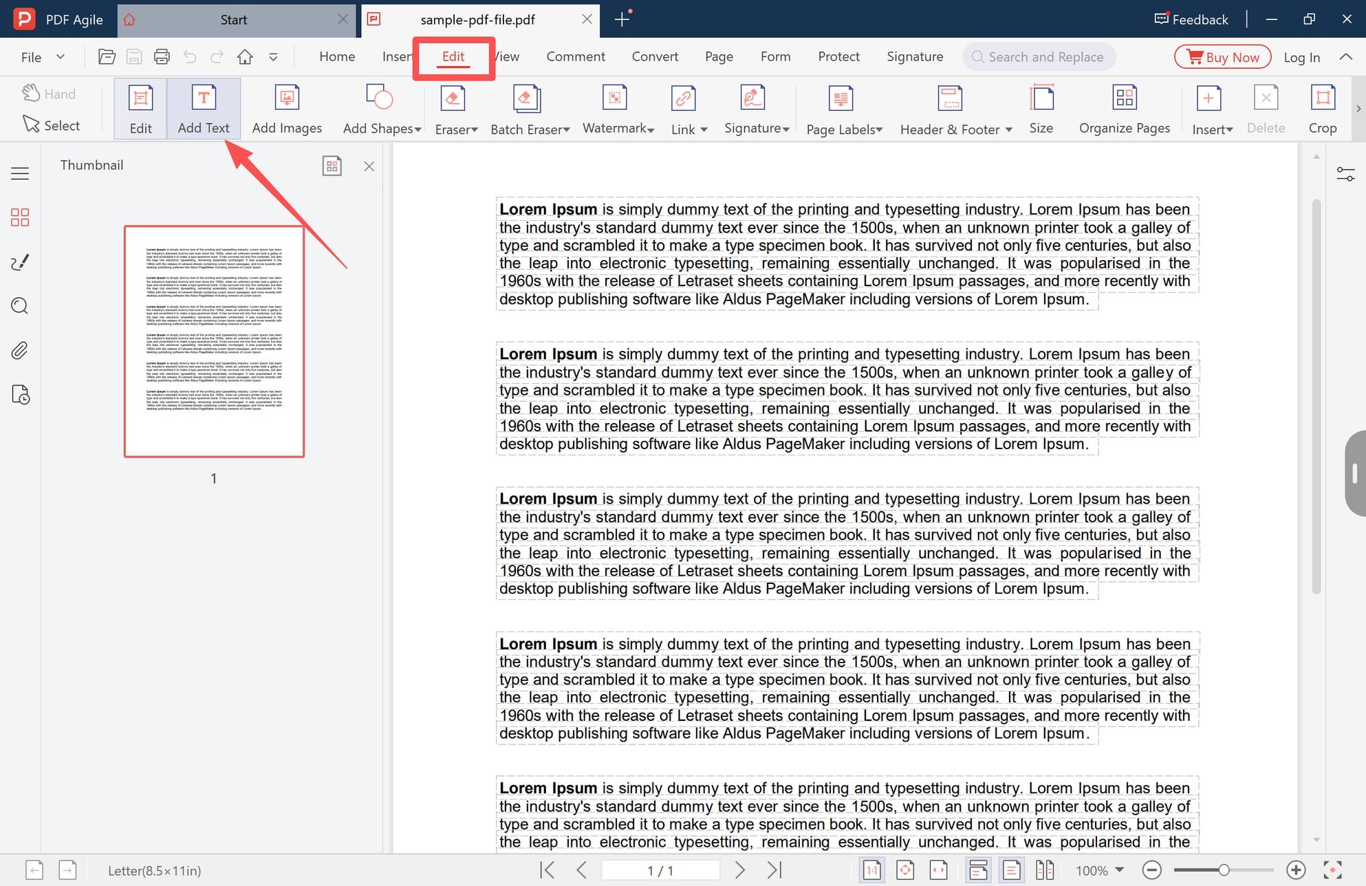 Edit tab and Add Text tool in a PDF editor