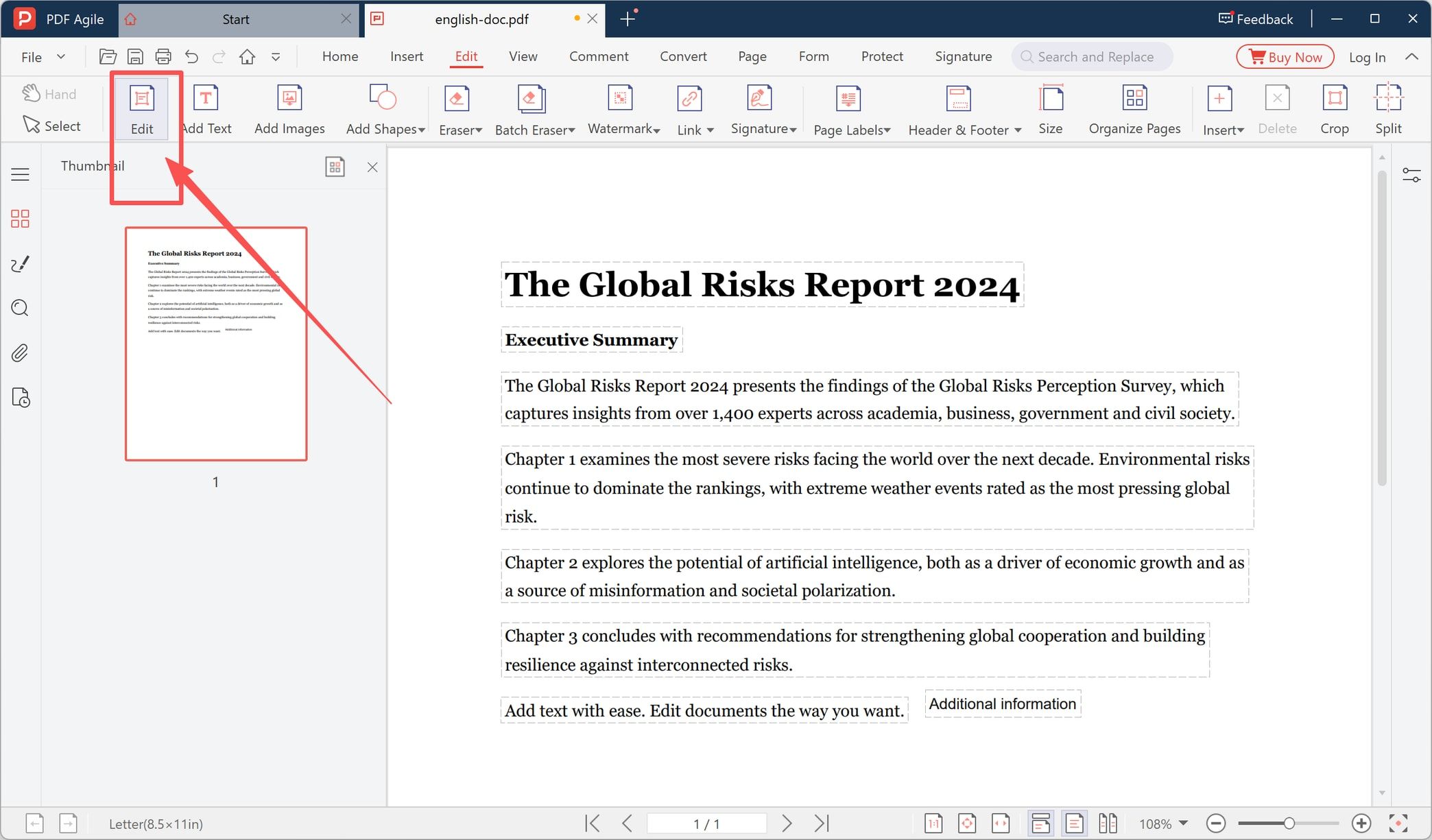 Edit tab with the Edit tool selected in the PDF editor toolbar