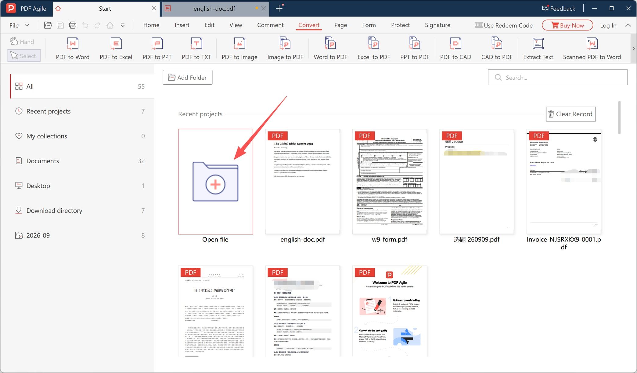 Open file tile on the Start screen with the Convert tab visible in PDF Agile