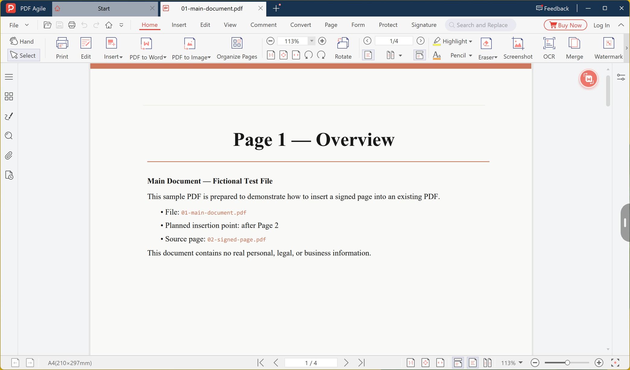 PDF Agile window with the main PDF open at page 1 of 4