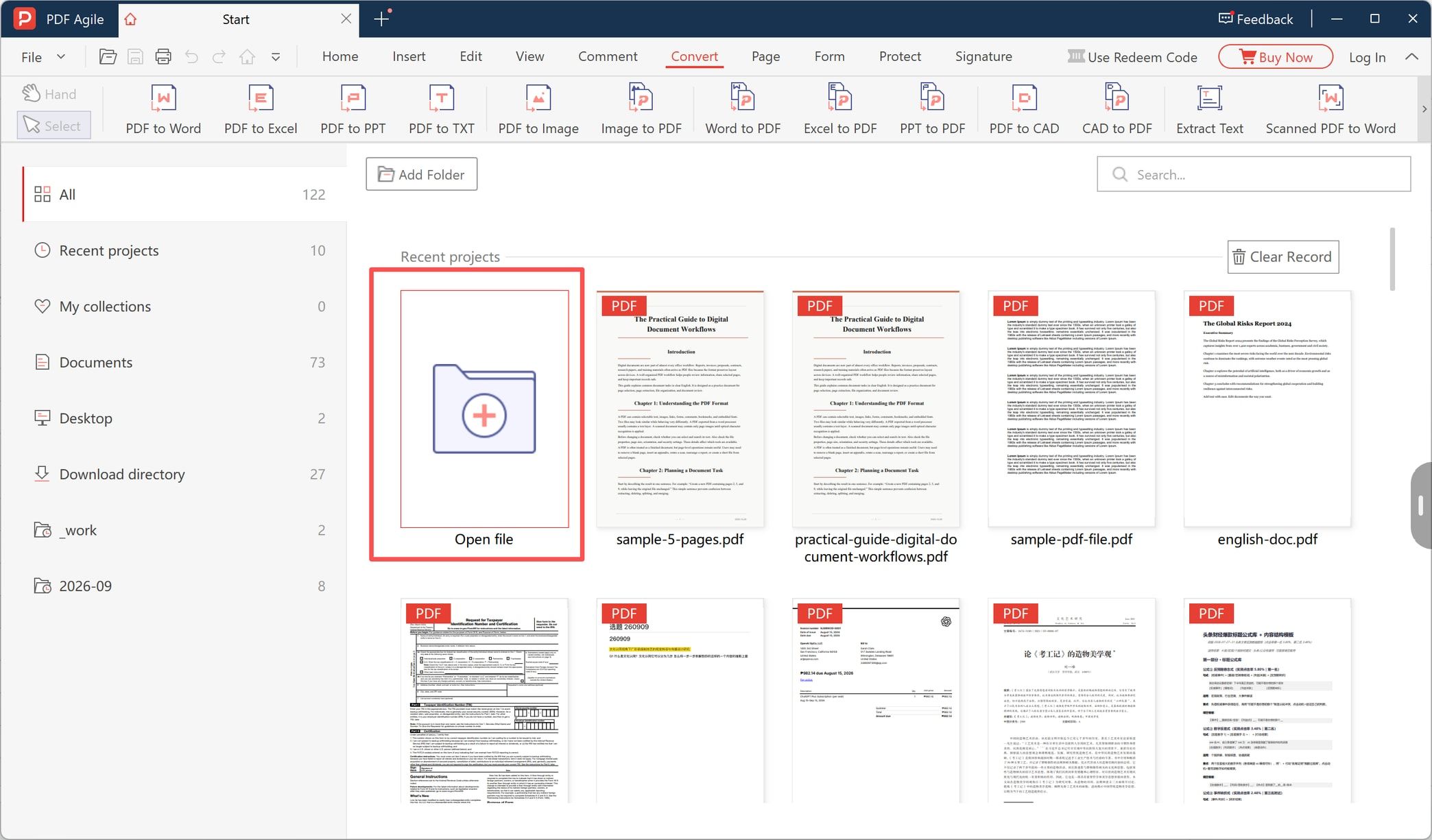 Open file tile on the start screen of a Windows PDF editor