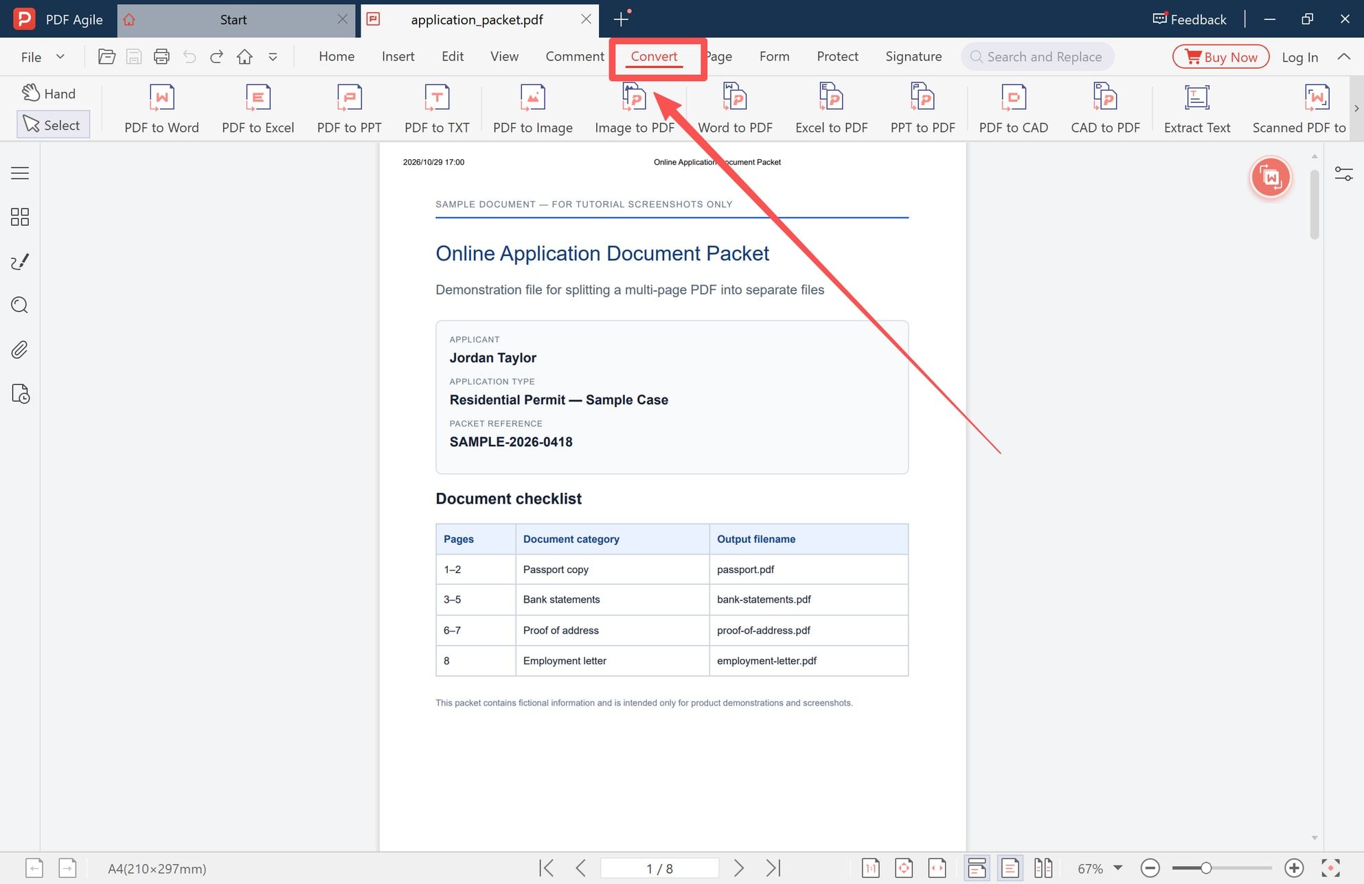Eight-page application packet open in the PDF editor with the Convert tab highlighted
