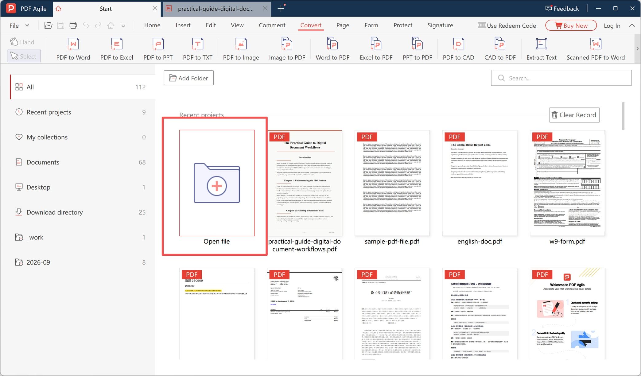 Recent projects view with the five-page sample document ready to open