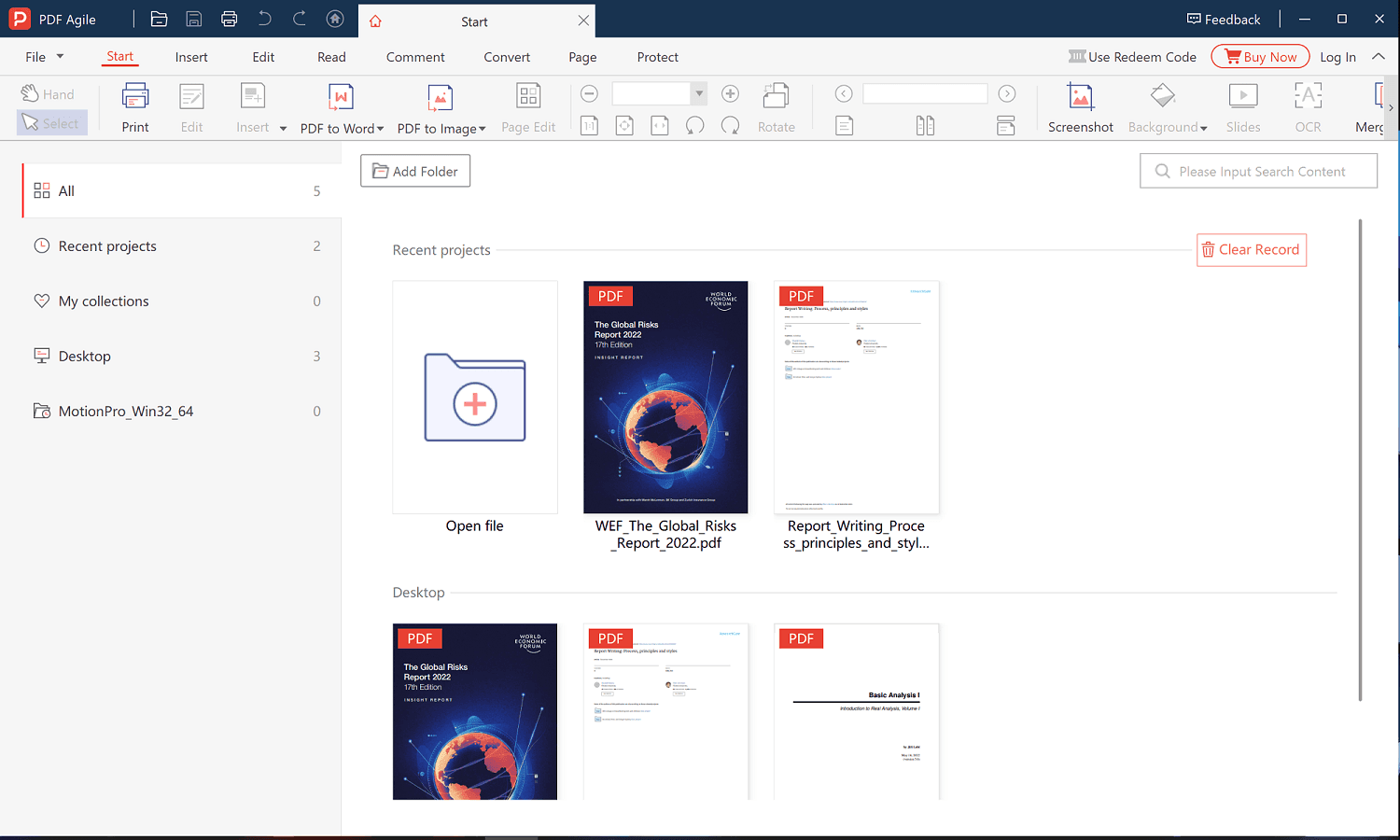 Start workspace with the Open file tile and the Recent projects list