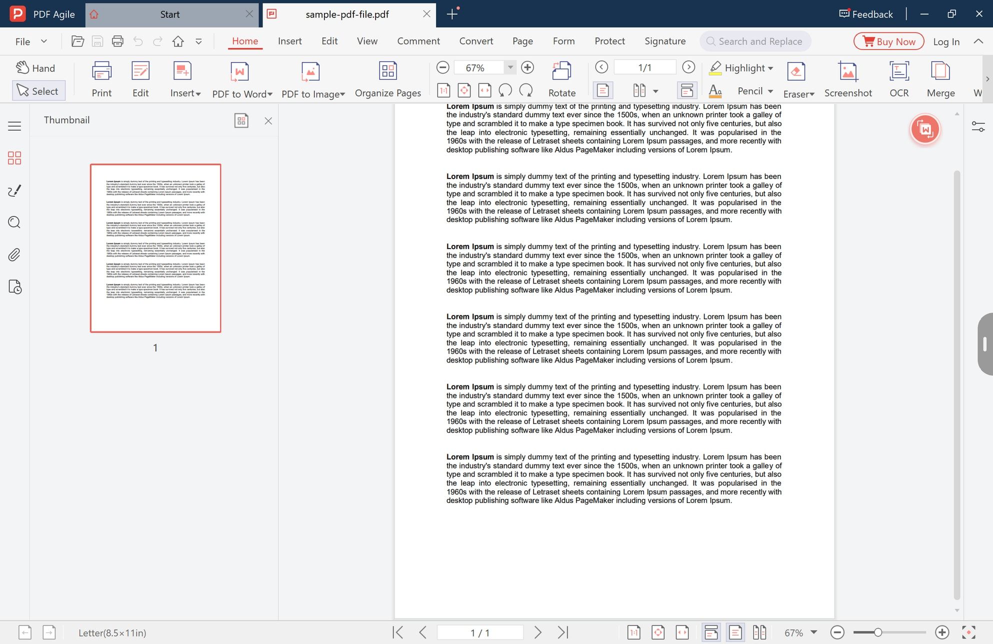 A PDF open in the editor with the page thumbnail, page counter, and the declared page size in the status bar