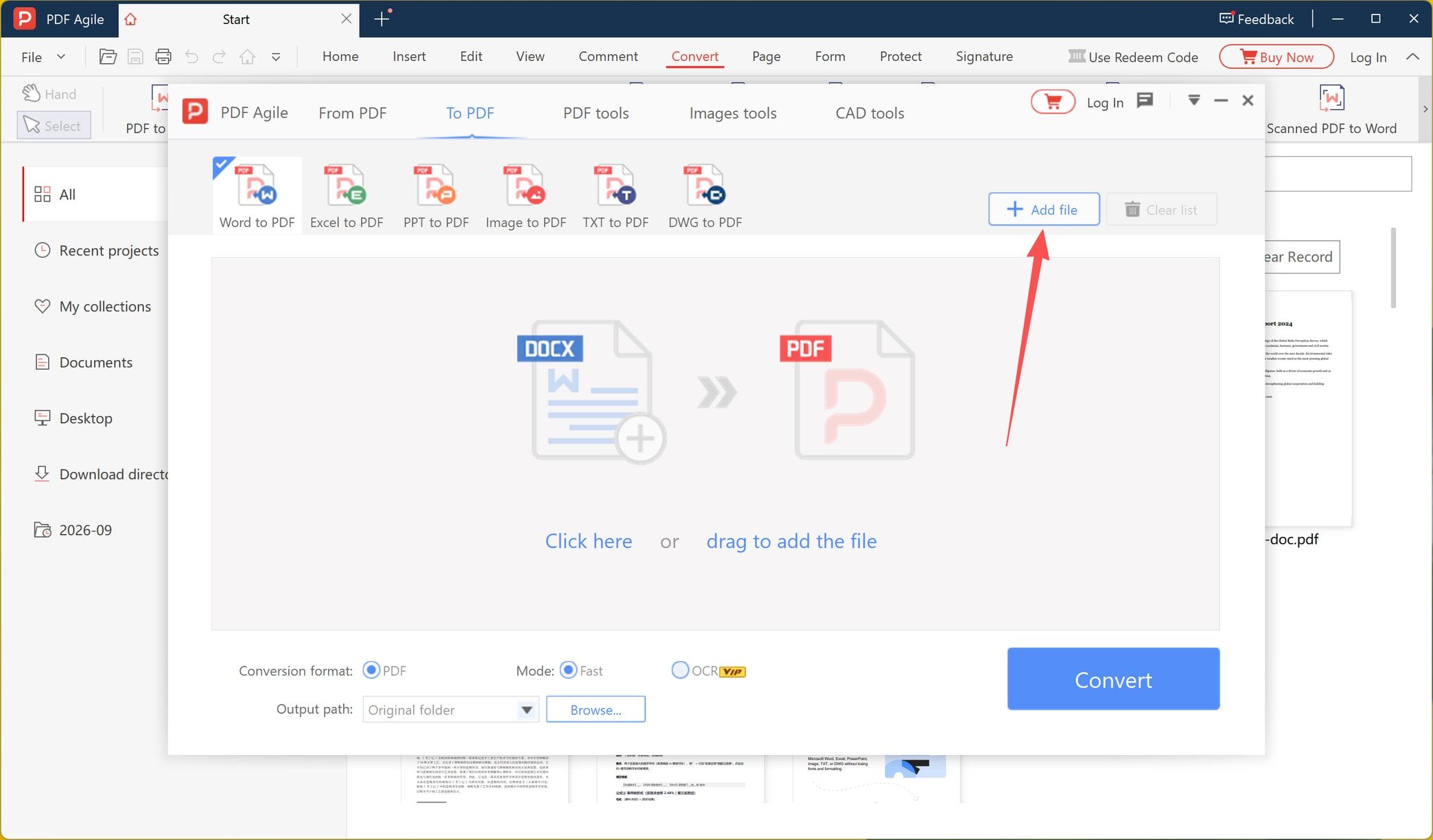 PDF Agile Word to PDF window with the Add file button highlighted