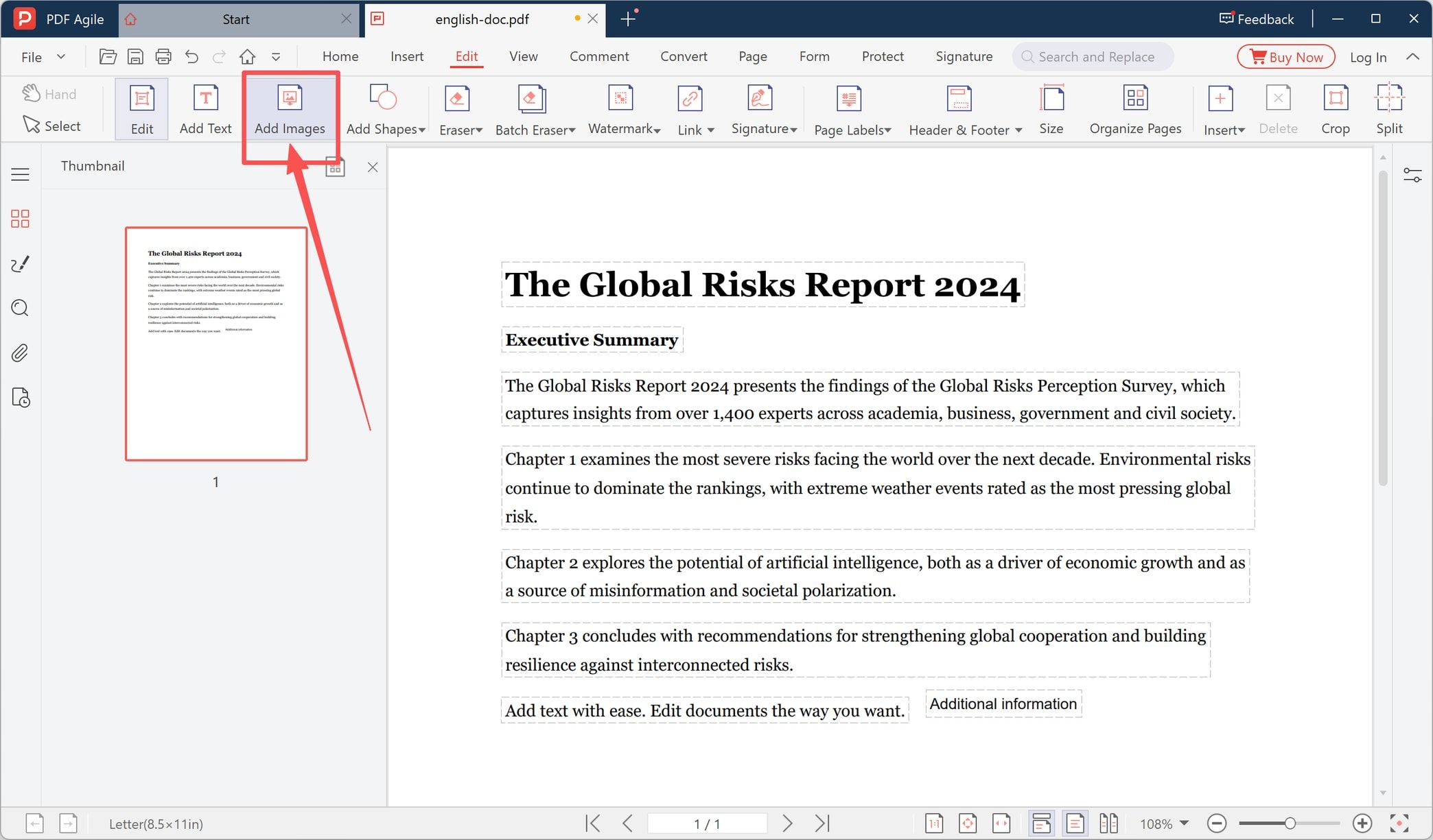 Add Images button highlighted in the PDF editor toolbar
