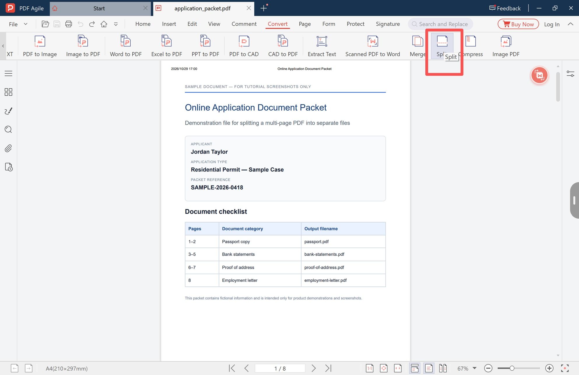 Split button in the PDF tools group on the Convert tab