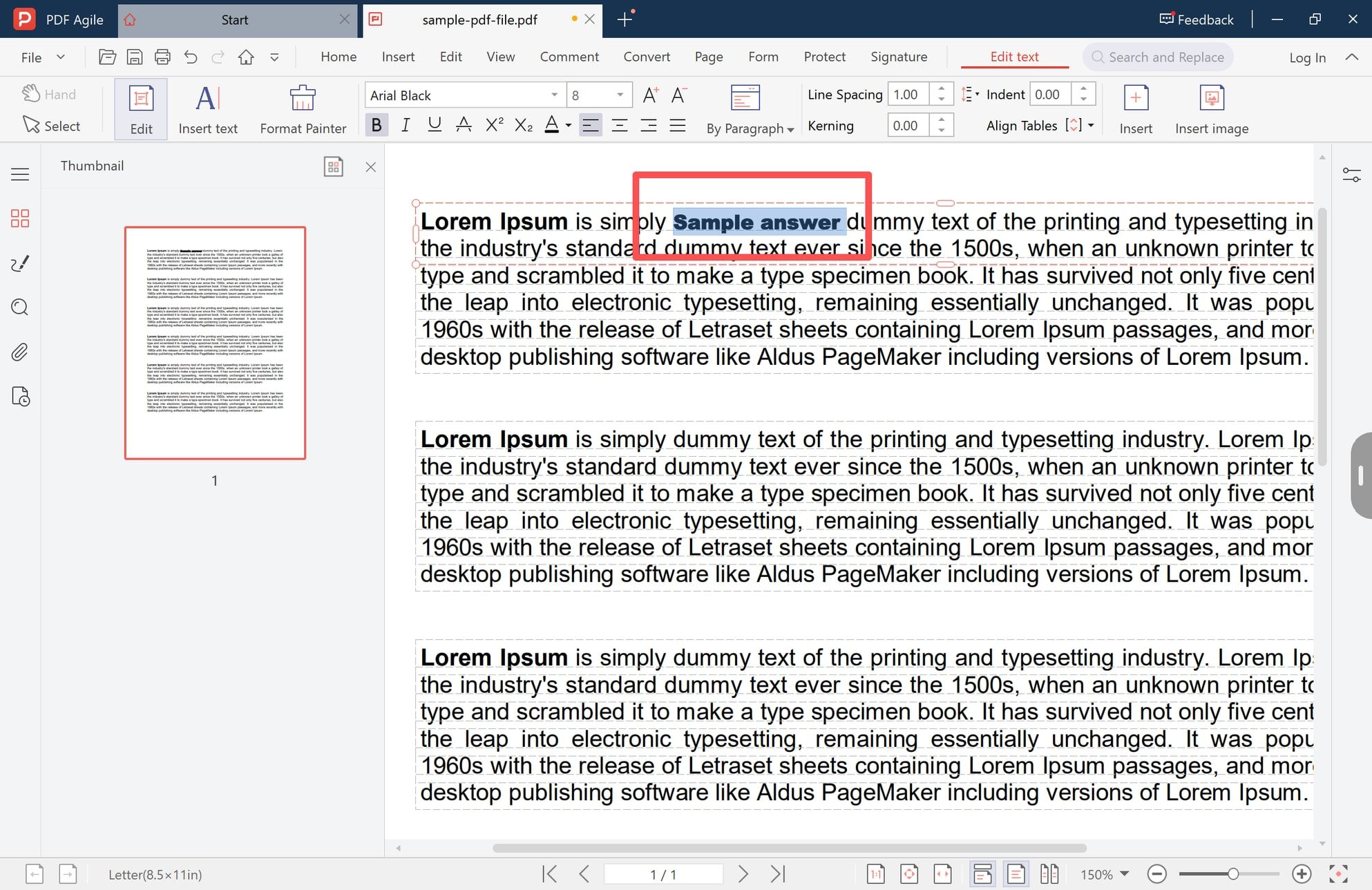 Existing PDF text selected for editing
