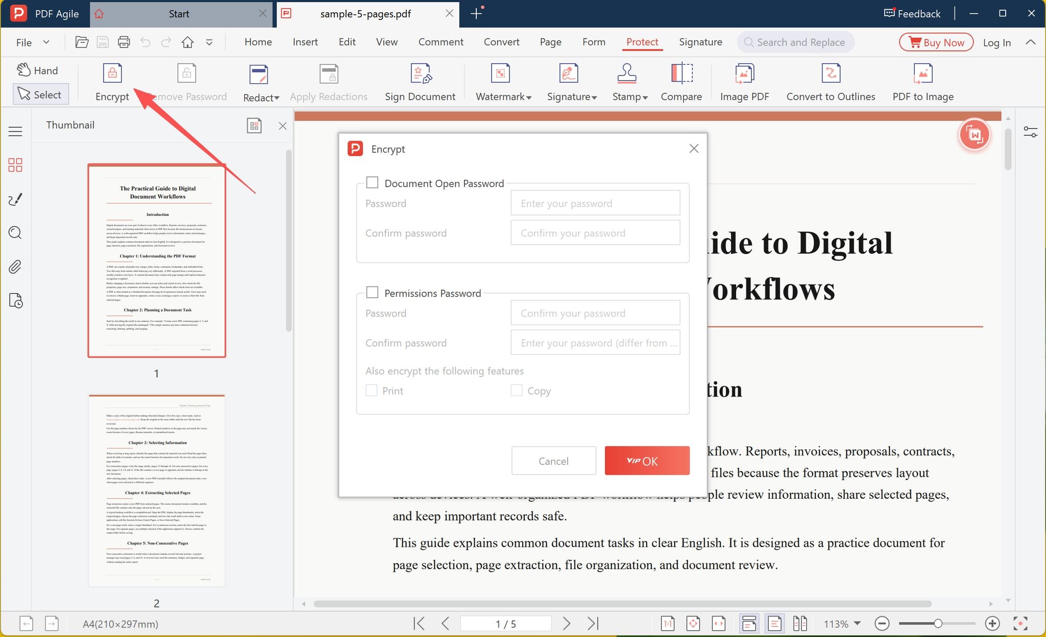 Encrypt dialog listing Document Open Password and Permissions Password