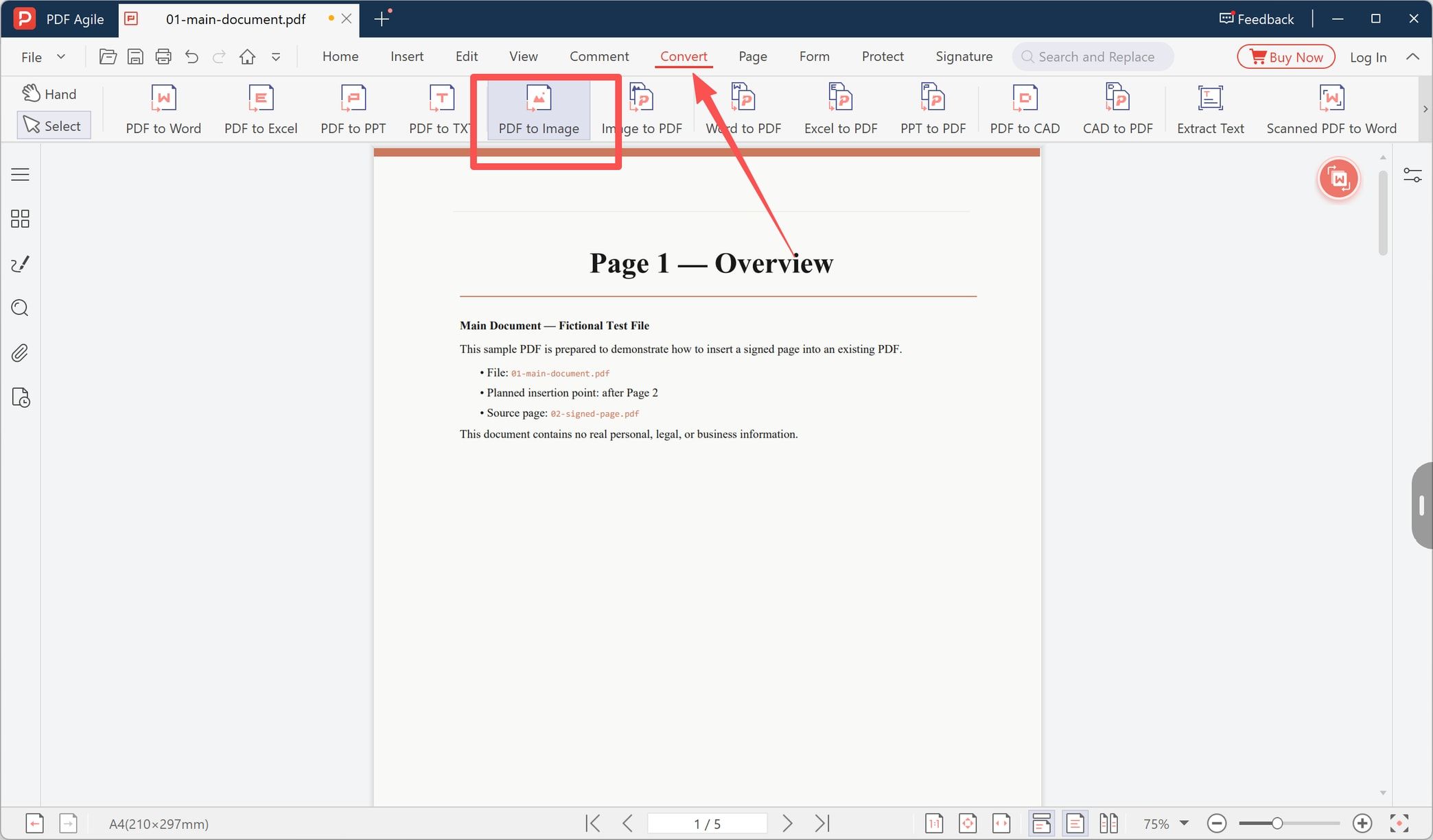 PDF to Image button on the Convert tab of the PDF editor