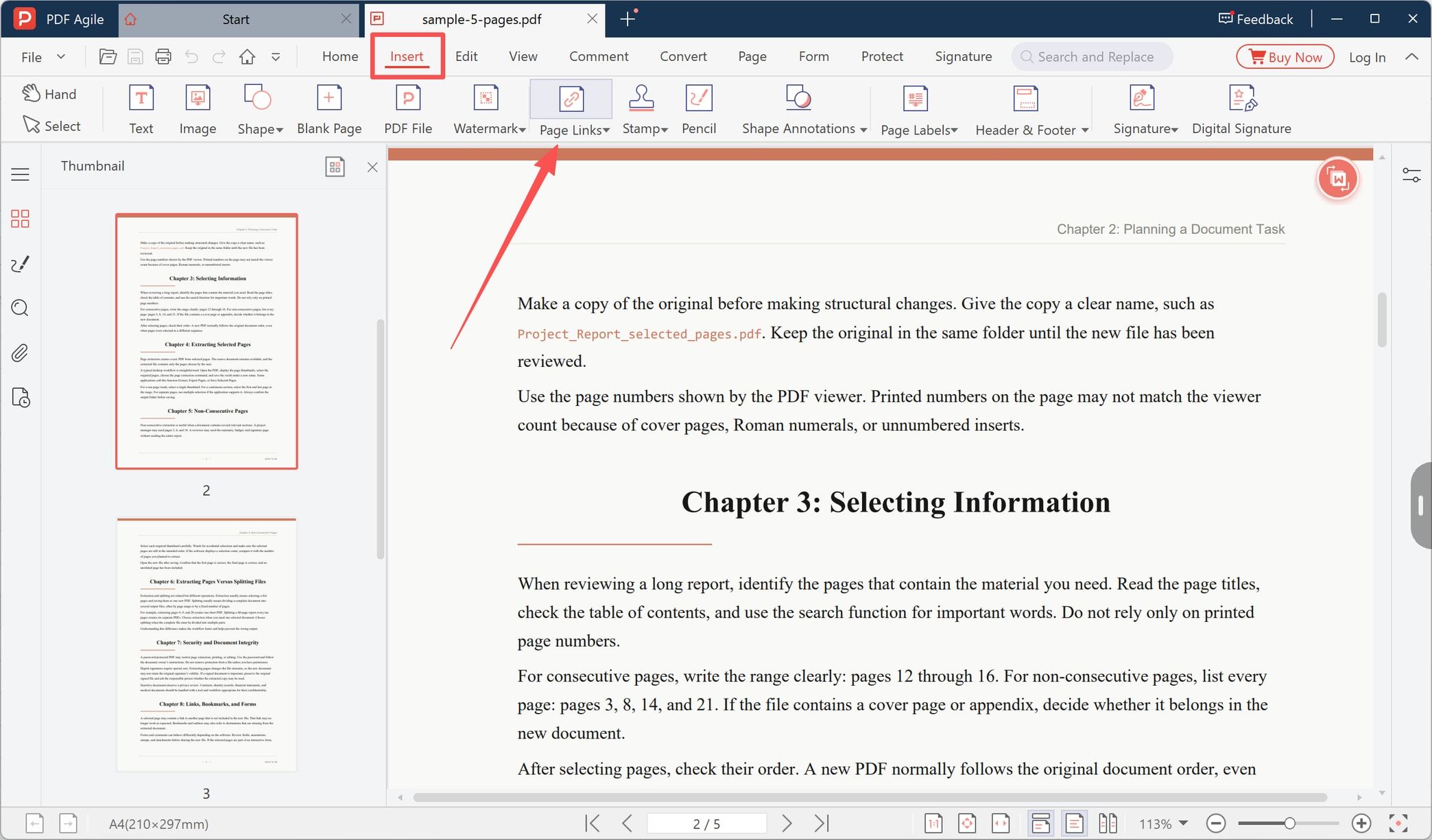 Page Links tool on the Insert tab with a PDF open