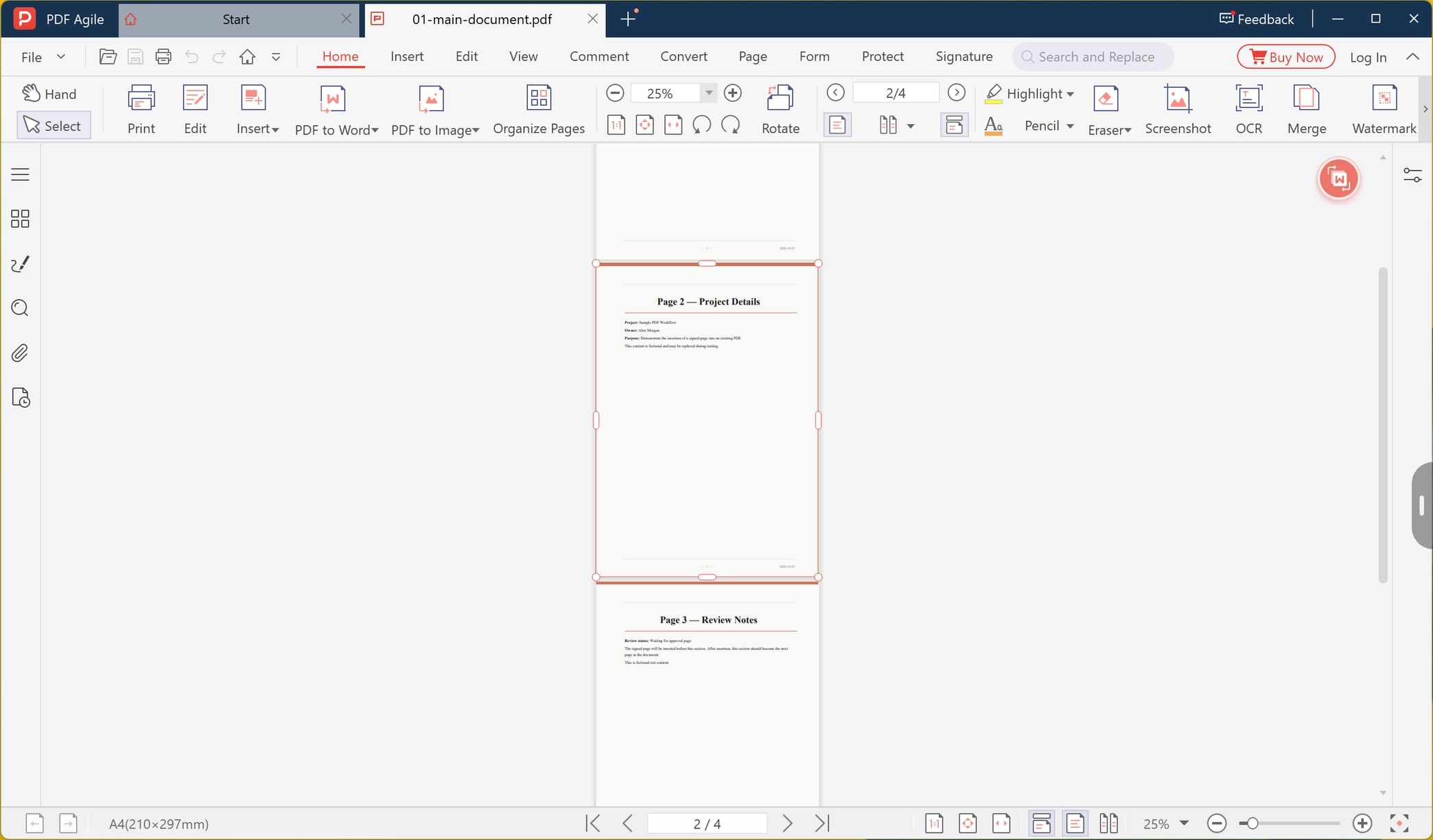 Page 2 selected in PDF Agile before inserting the signed page