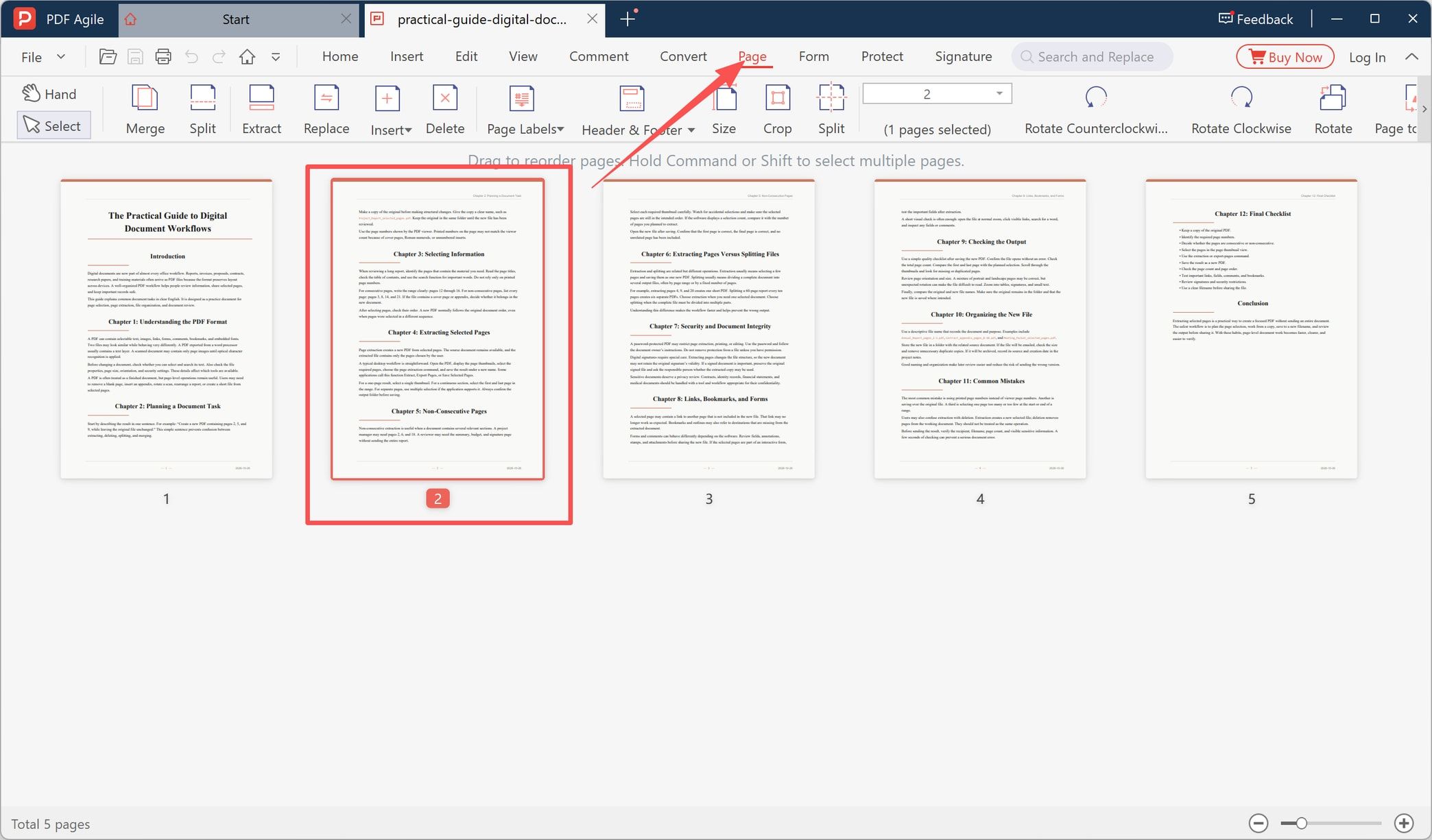 Page tab with page 2 selected and the Extract button visible in the ribbon