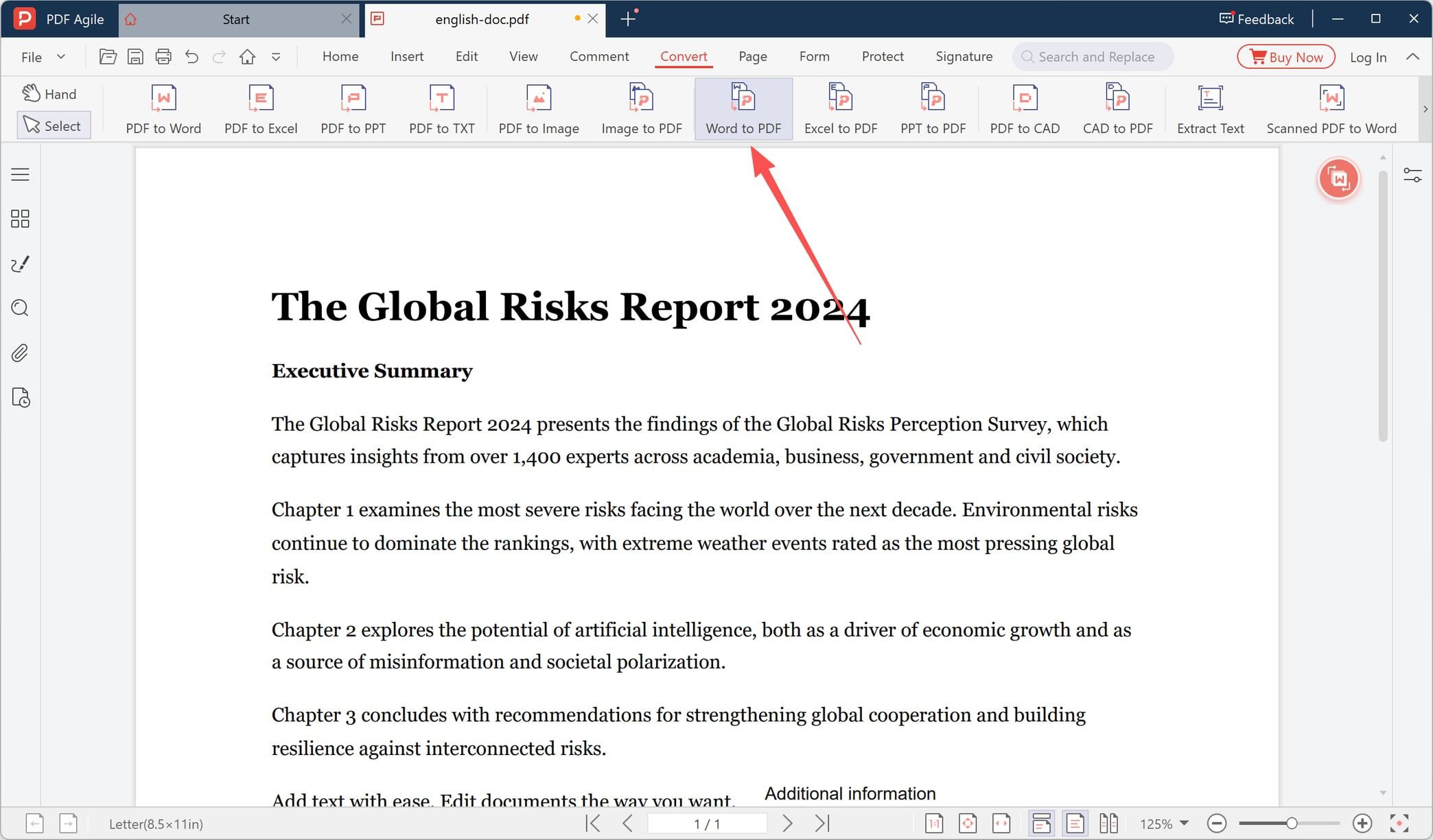 A document open in PDF Agile with Word to PDF highlighted in the Convert tab