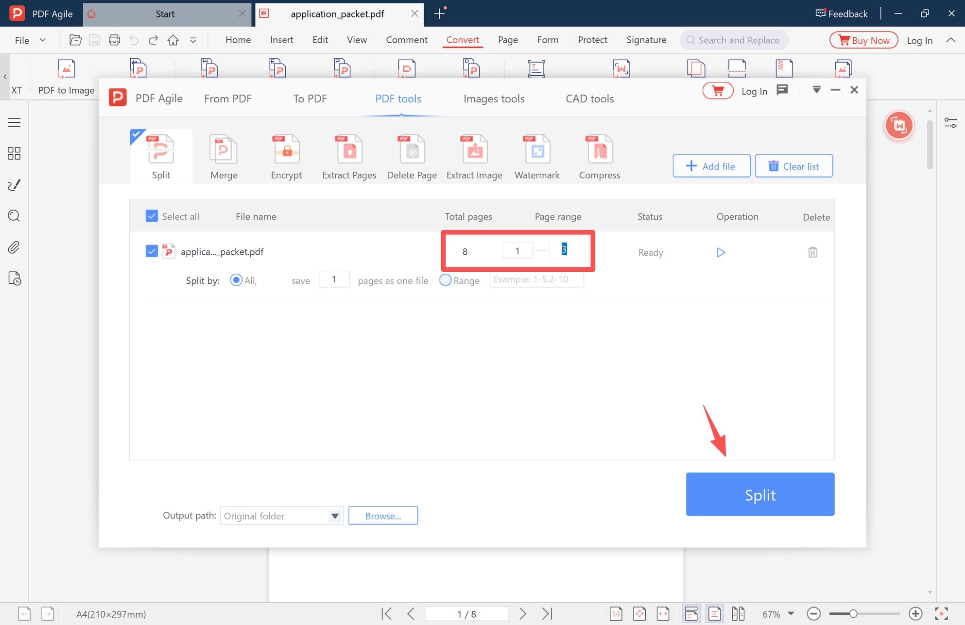 Page range column, split mode, output path, and Split button in the split panel