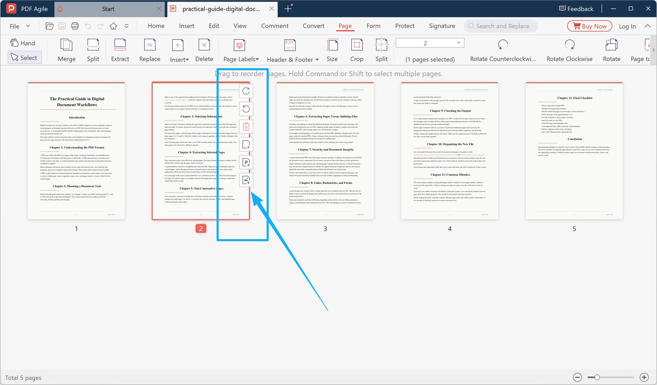 Page-level tools beside the selected page, with the delete bin icon next to the page operations