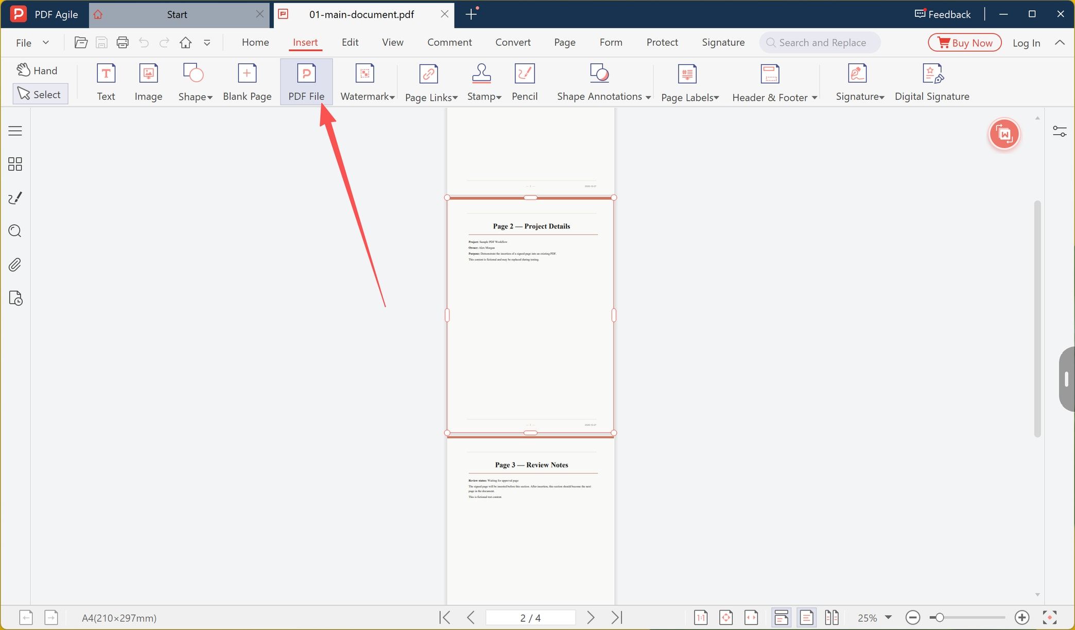 Insert tab in PDF Agile with the PDF File command highlighted