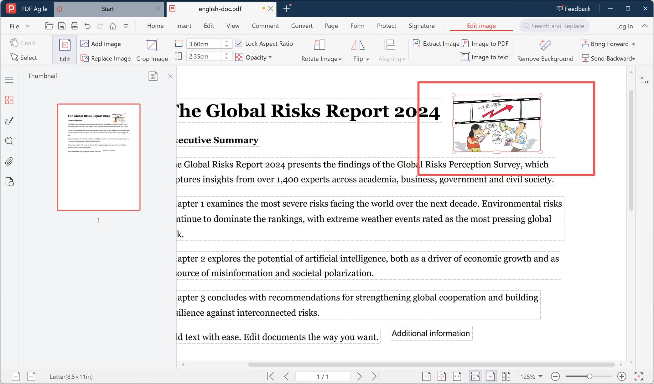 Inserted picture selected on a PDF page with the Edit image size controls
