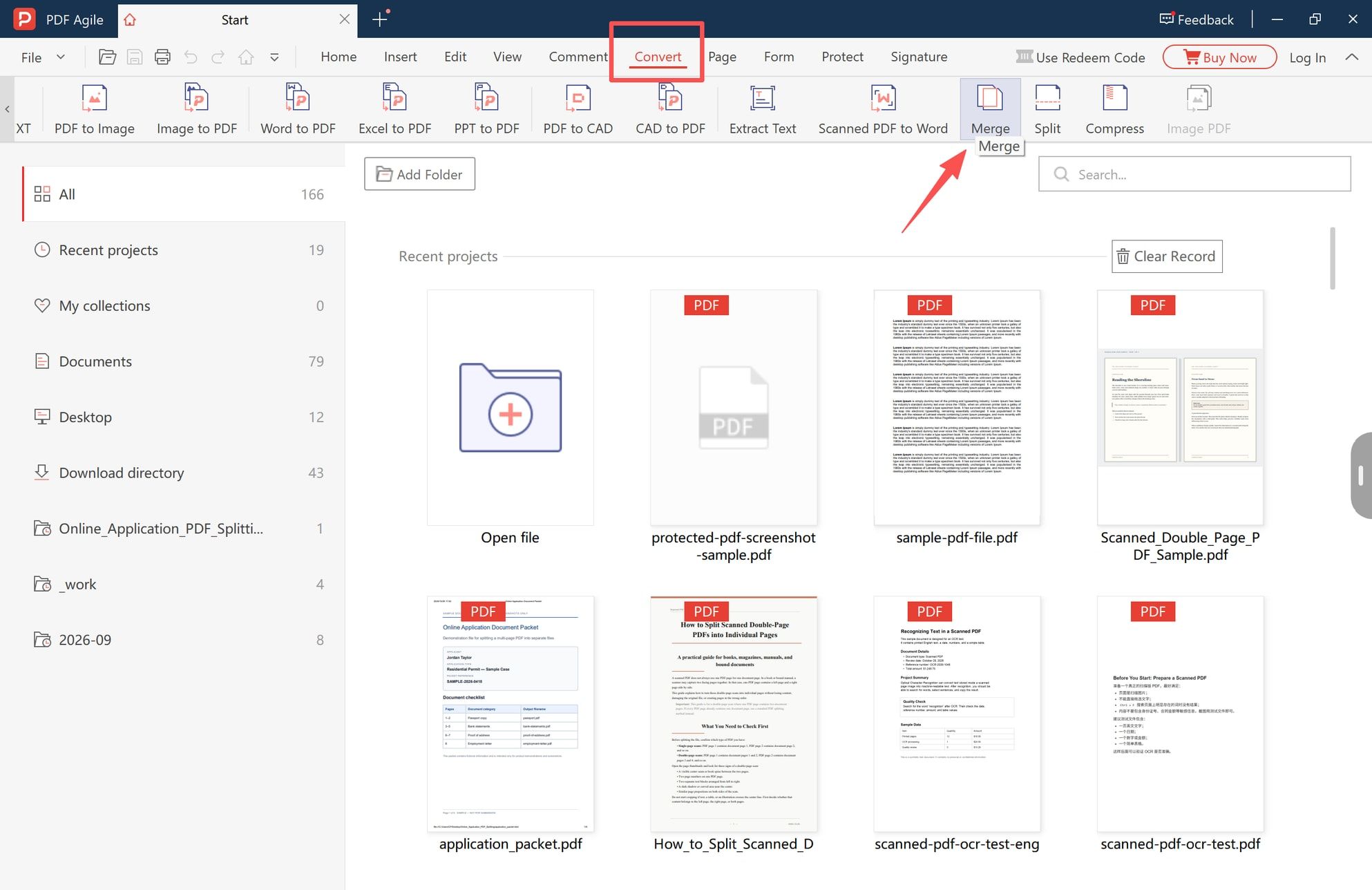 Merge option highlighted in the Convert tab