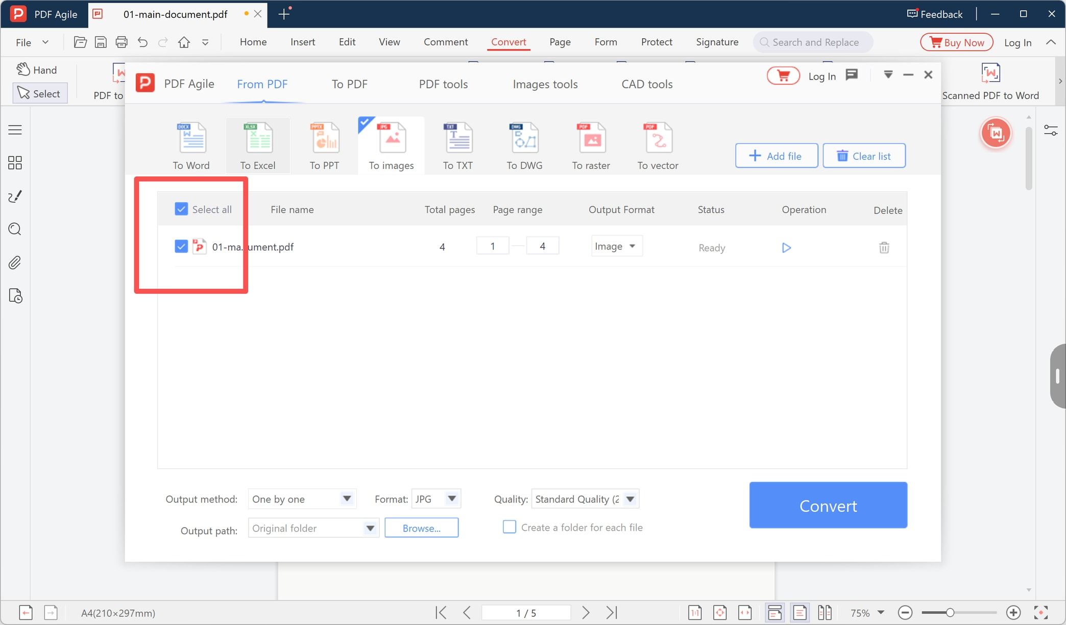 PDF file added to the conversion list with the page range set across the whole document