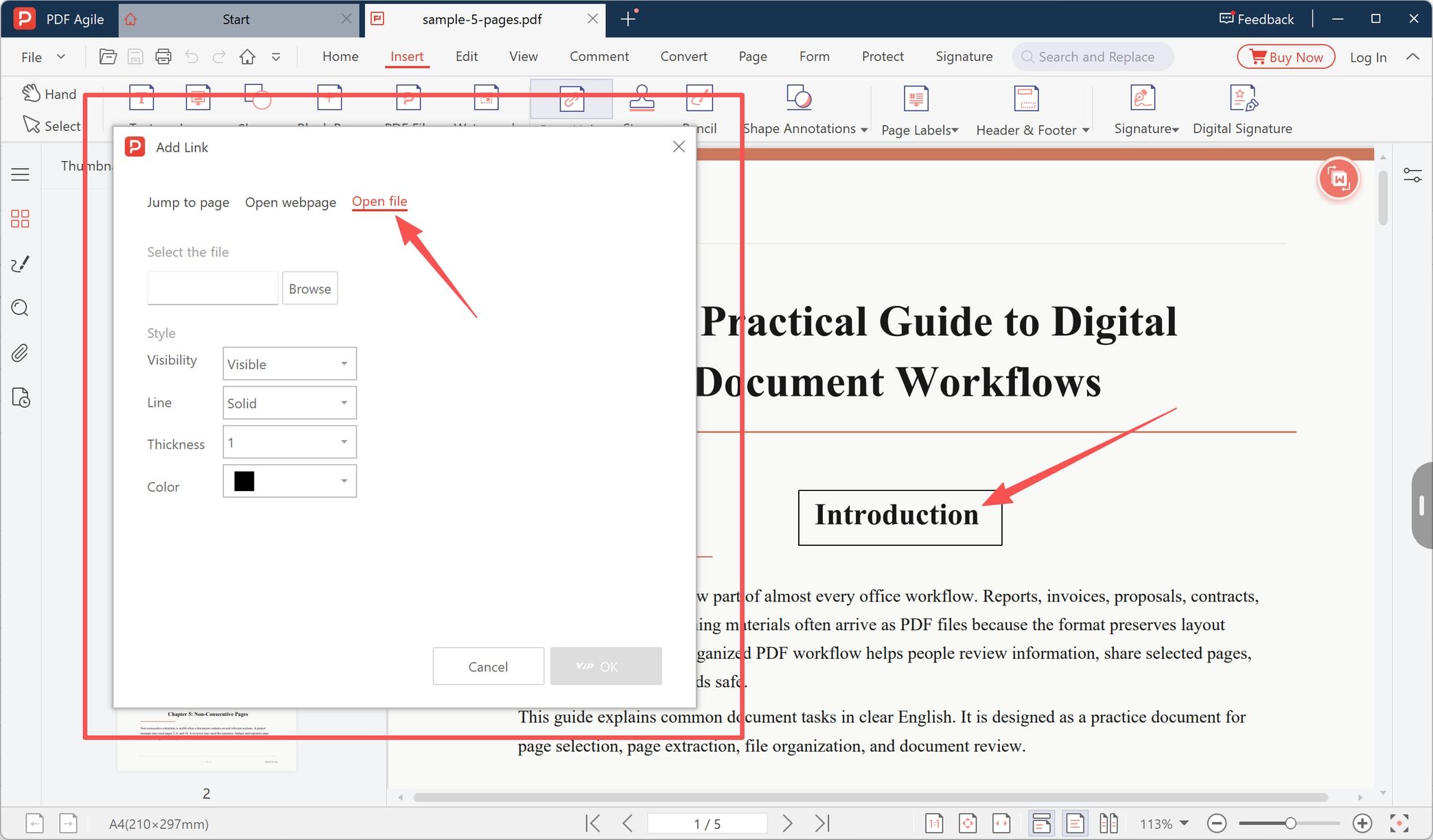 Add Link dialog with Open file selected and the Browse button for choosing a file