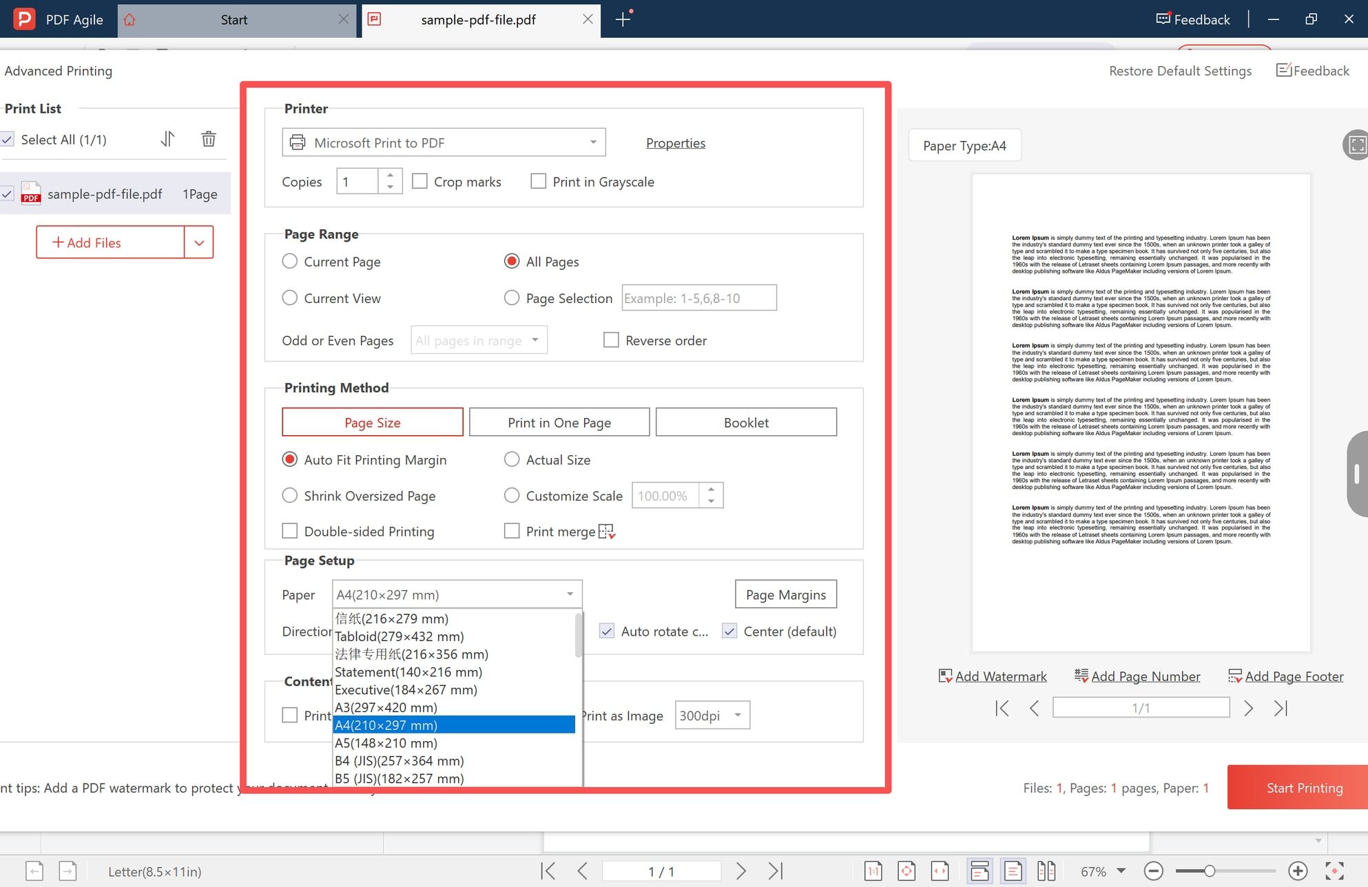 The Advanced Printing window with the paper size list open and the page preview shown on the right