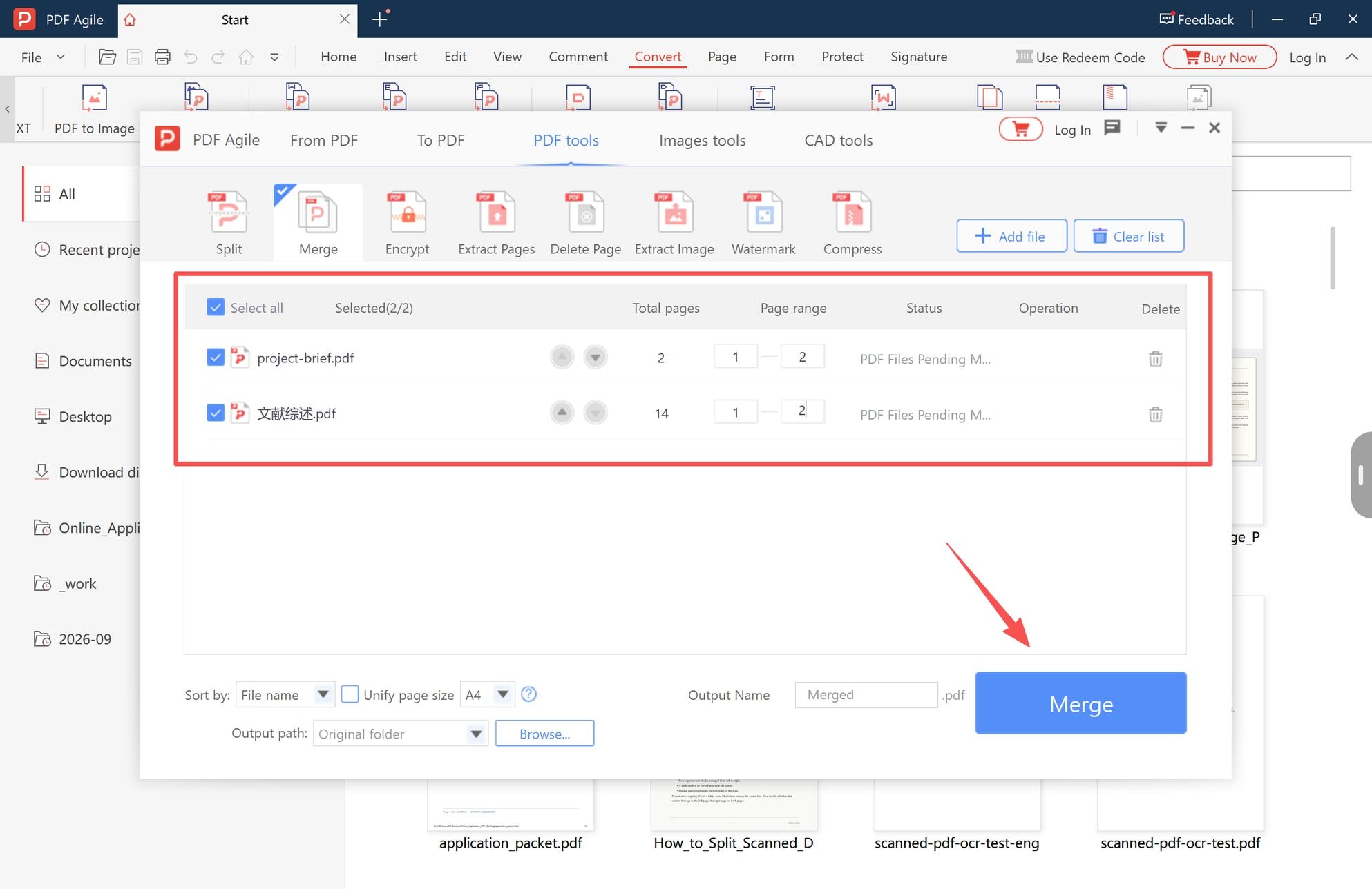 PDF merge window showing the original PDF and converted Word PDF in the file list