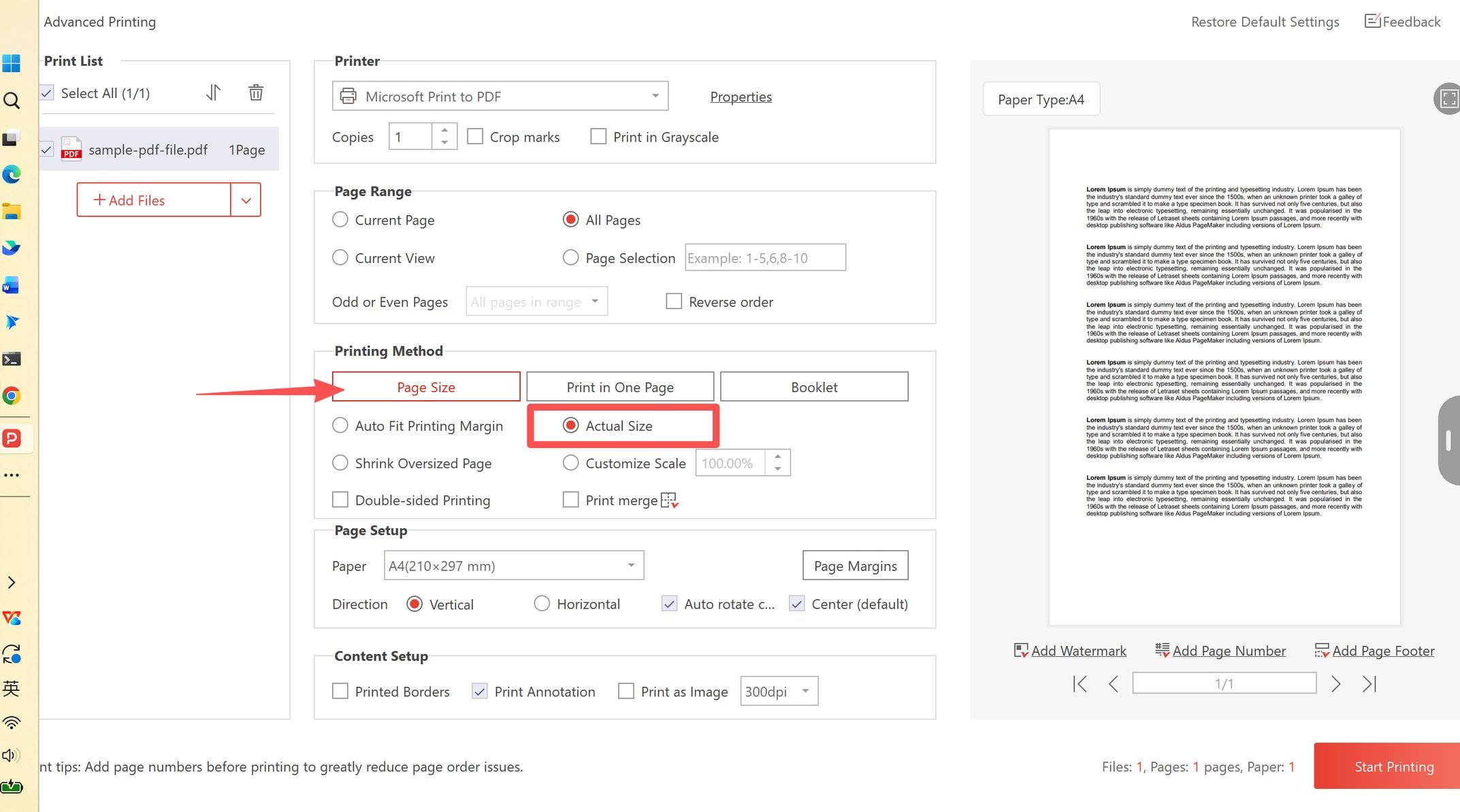 Actual Size selected under Printing Method with the Page Size mode active and A4 paper chosen