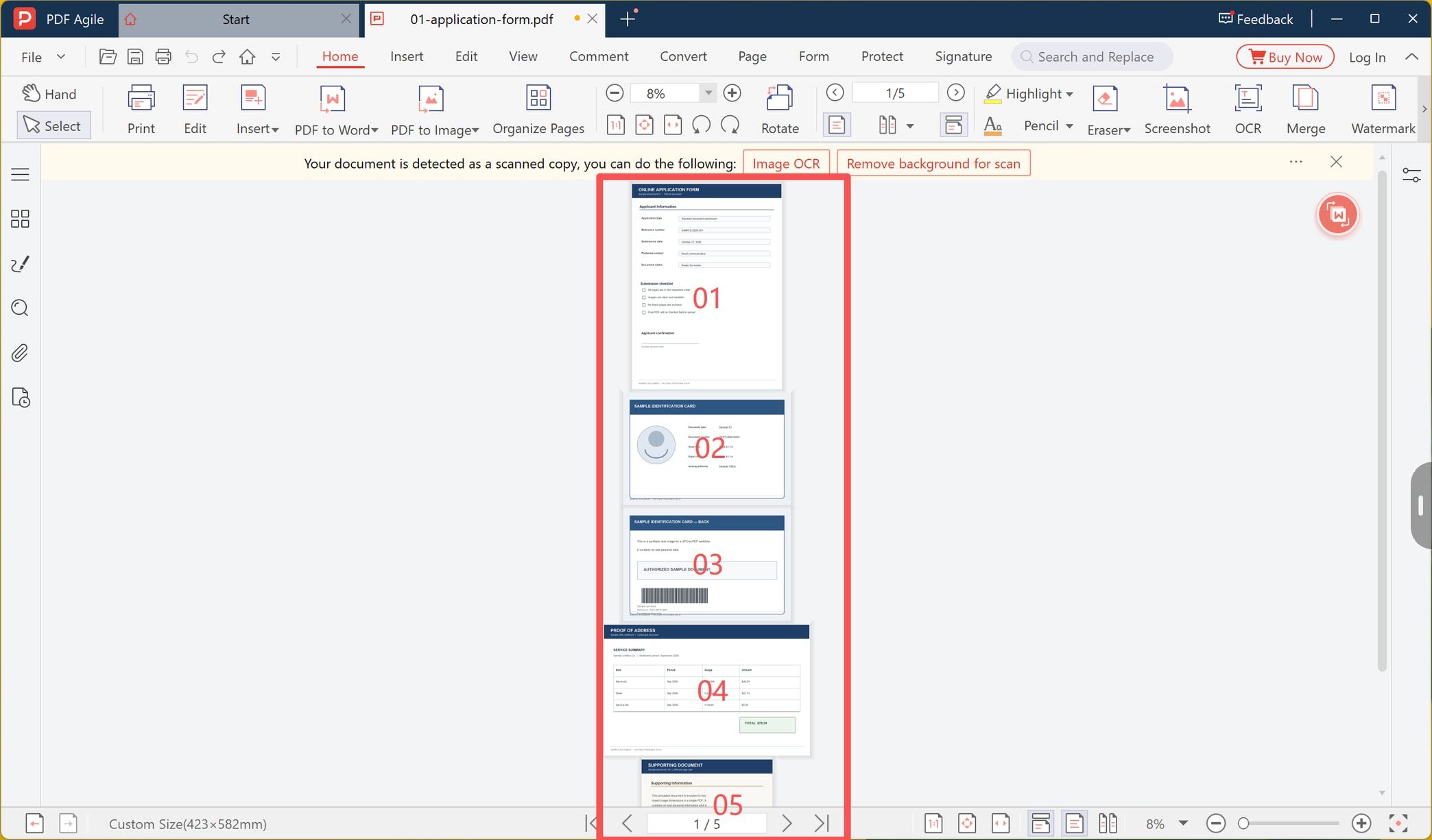 Five-page PDF built from five JPG images, shown with page thumbnails