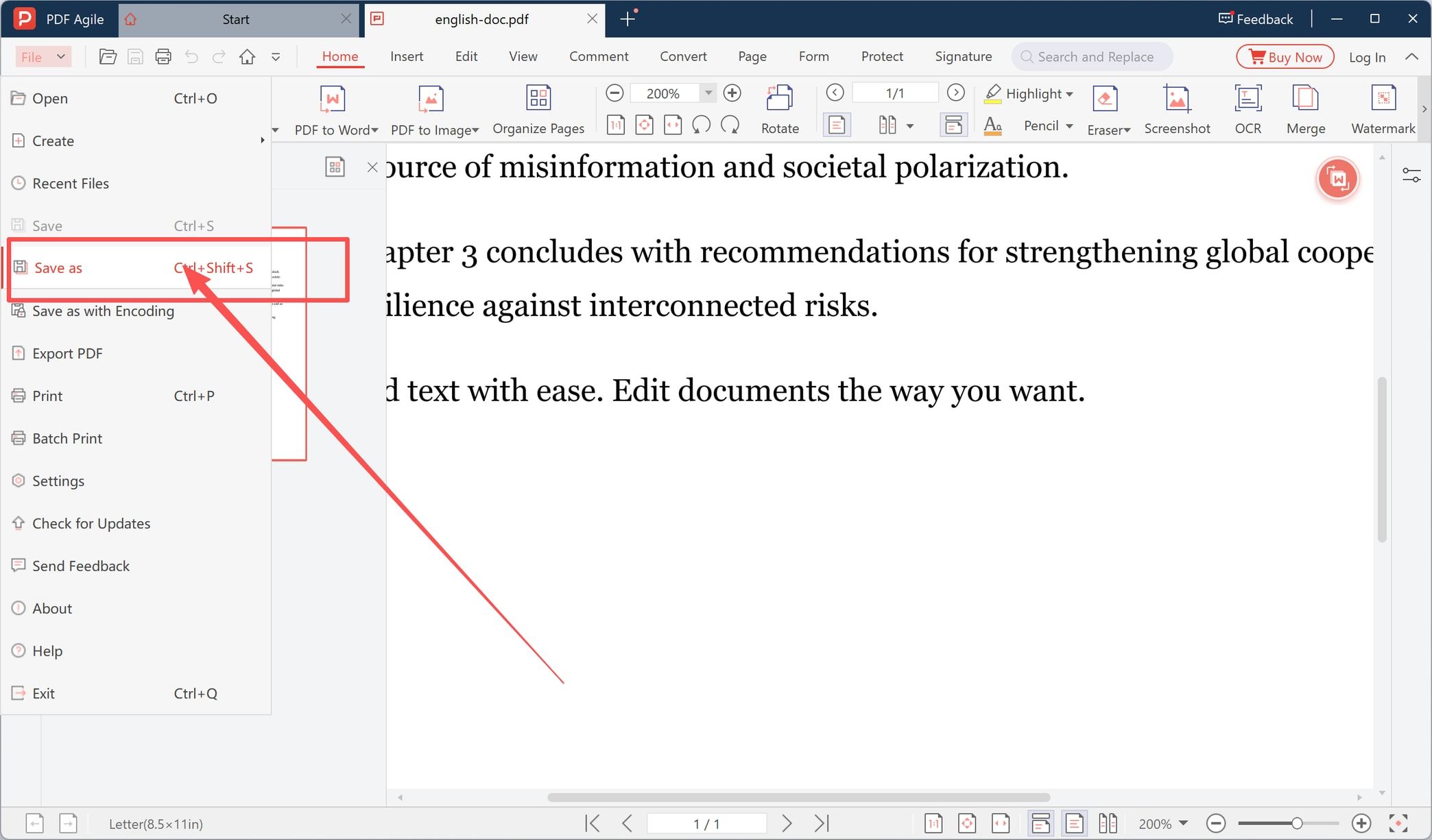 Converted PDF open in PDF Agile with the File menu and Save as option
