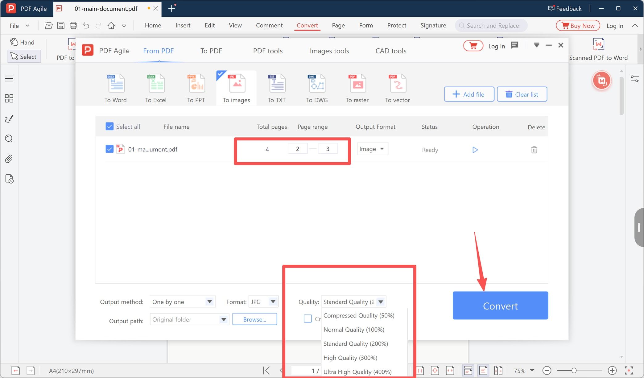 Page range fields, JPG format, quality presets and the Convert button in the PDF to Image window