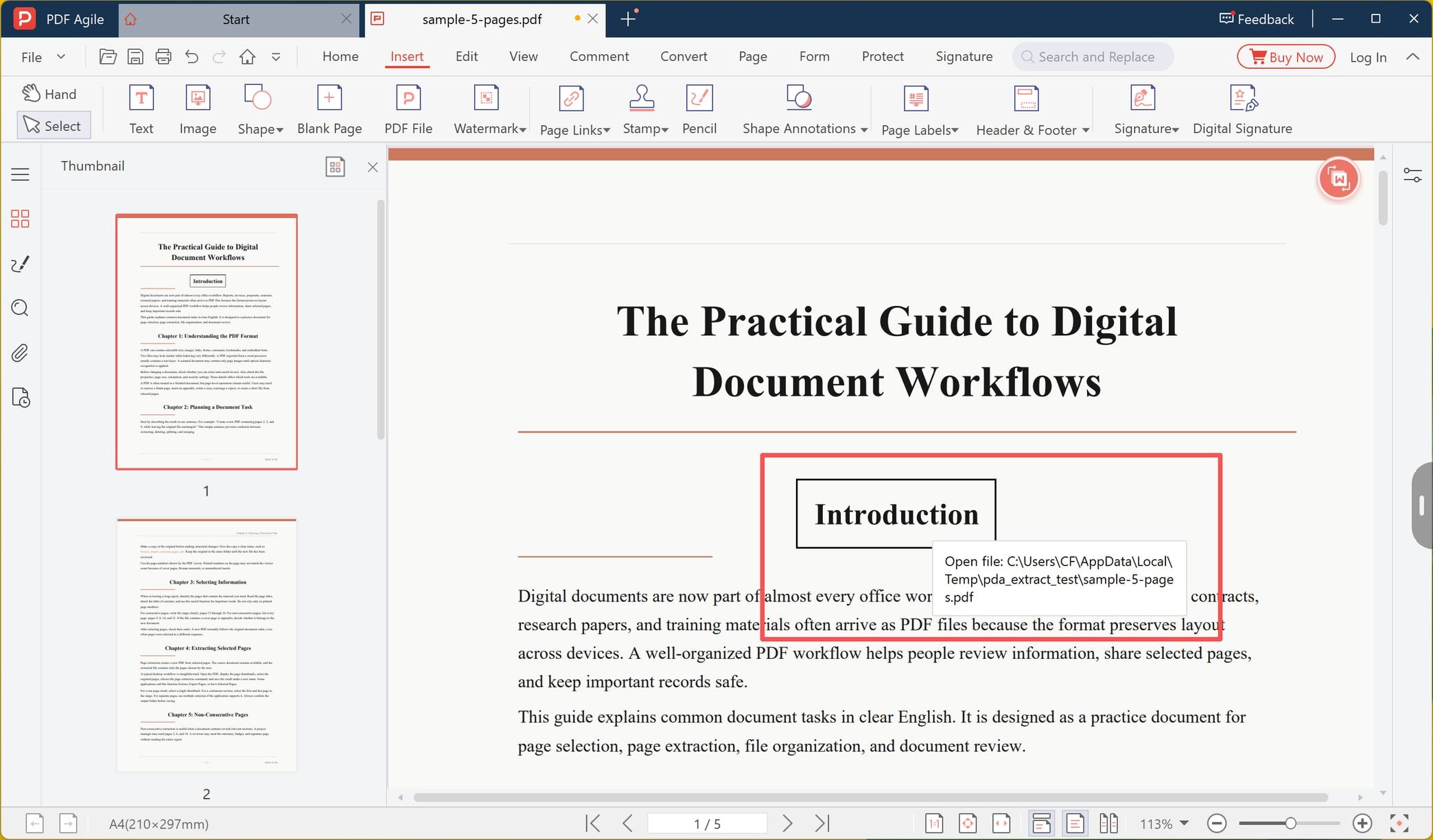 Saved PDF with the link area and a tooltip showing the linked file path