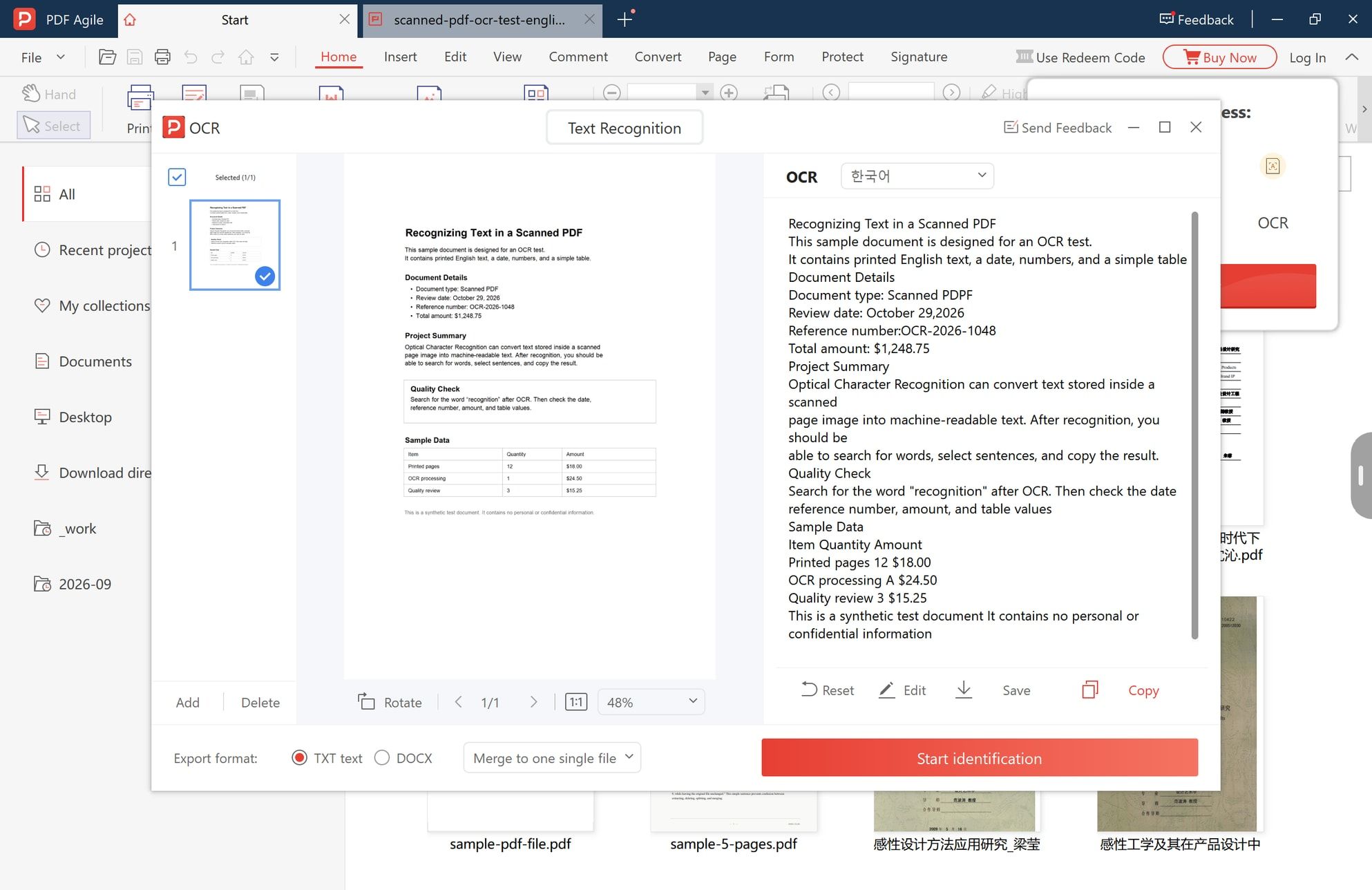 Recognized text with the Save and Copy actions