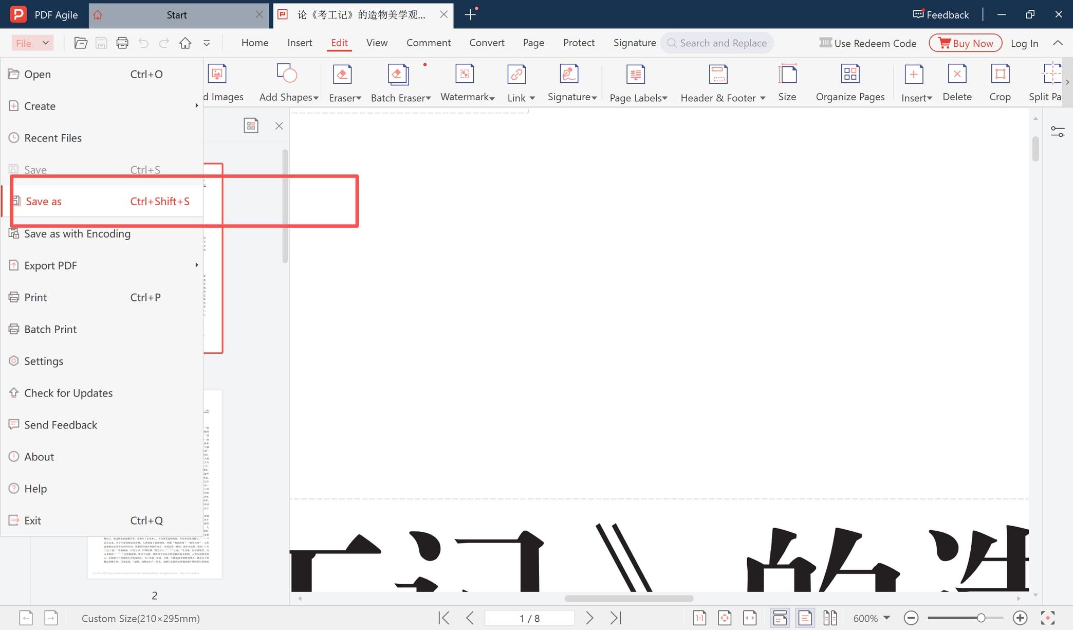 File menu open with the Save as option highlighted