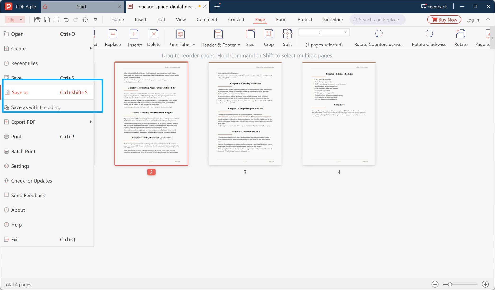 File menu with Save as highlighted for saving the document under a different name