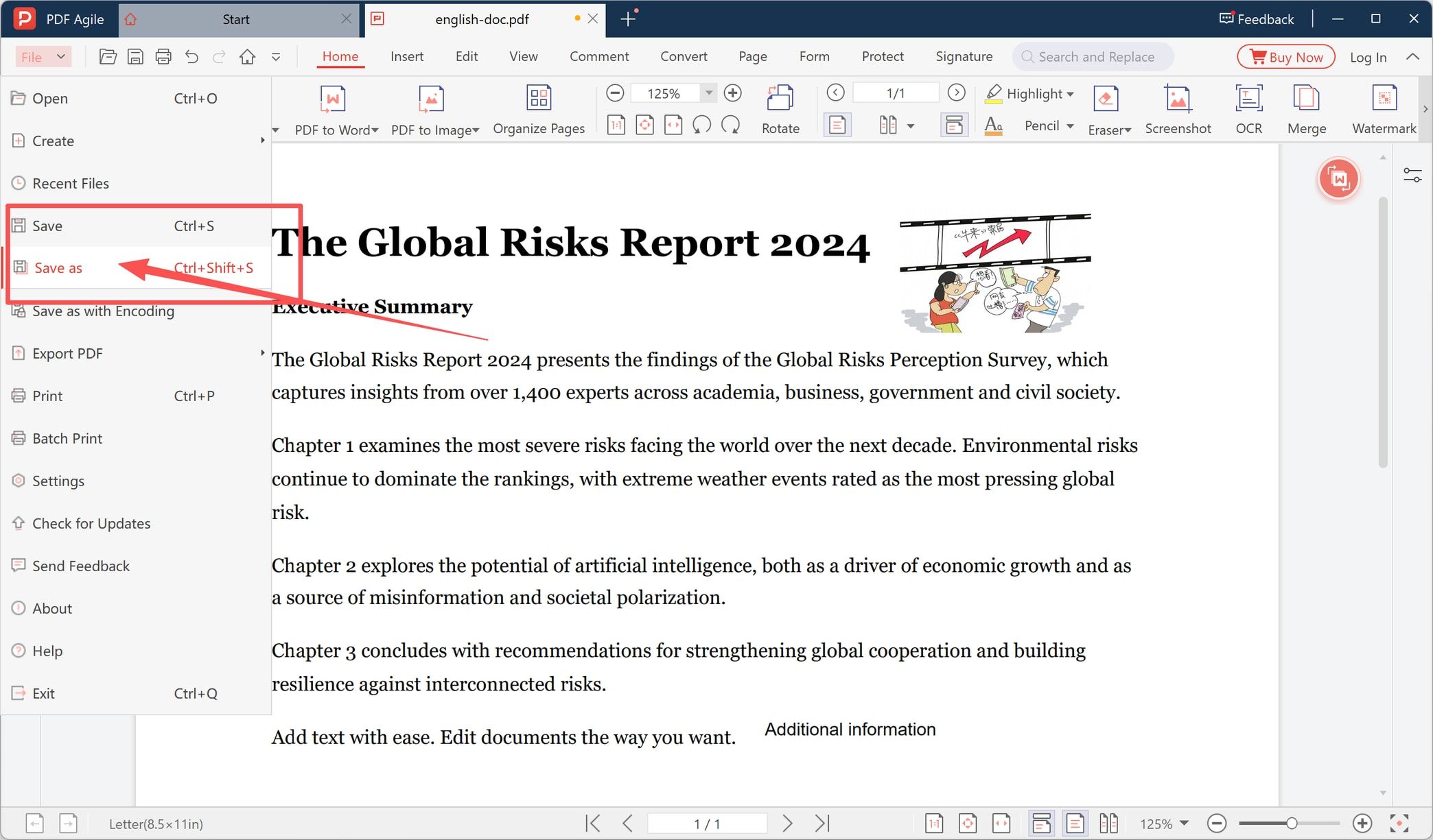 File menu with Save as highlighted in the PDF editor