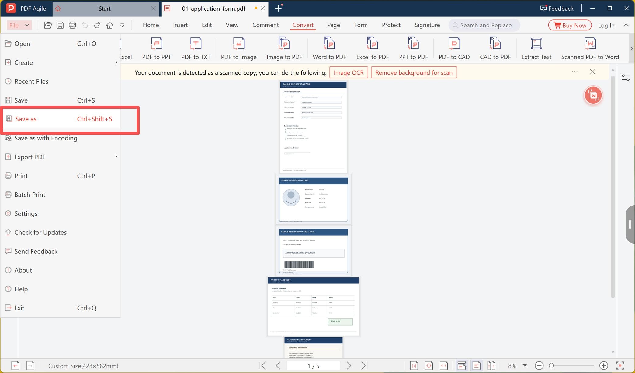 Save as command in the File menu of the PDF editor