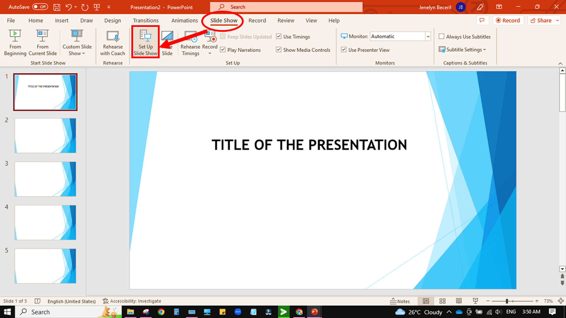 1-2.Click on the Slide Show tab in the top menu and choose Set Up Slide Show option