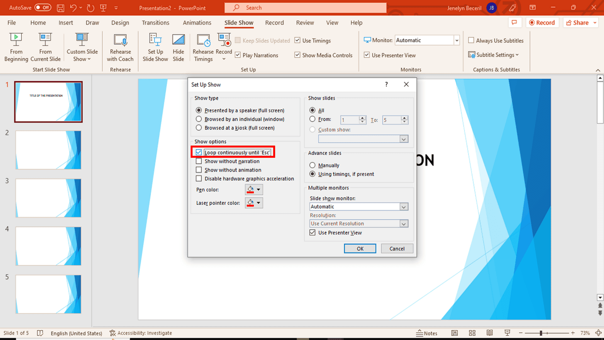 1-3.Locate the Show options section in the settings window. Then check the box labeled Loop continuously until Esc and click OK to confirm