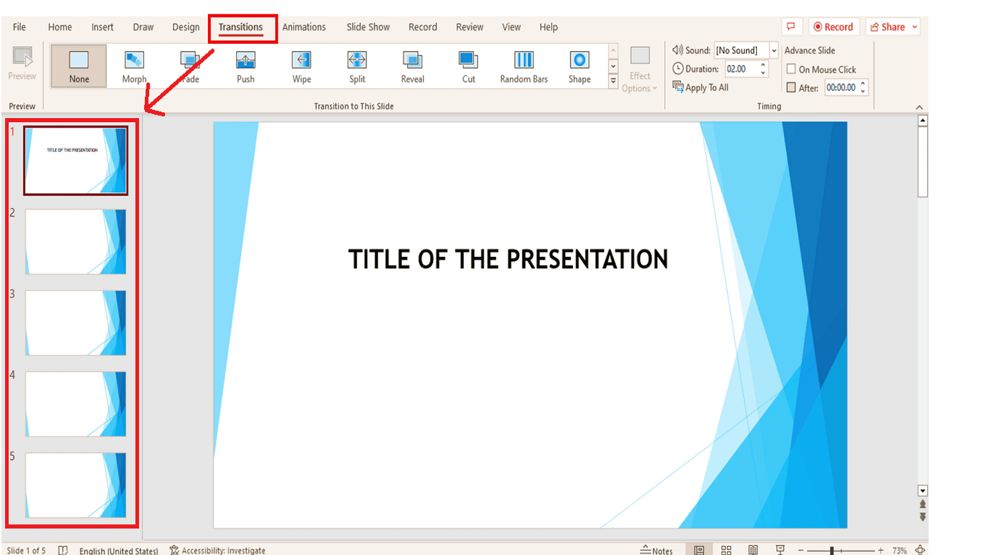 1-4.Click on the Transitions tab in the ribbon menu to adjust slide progression view
