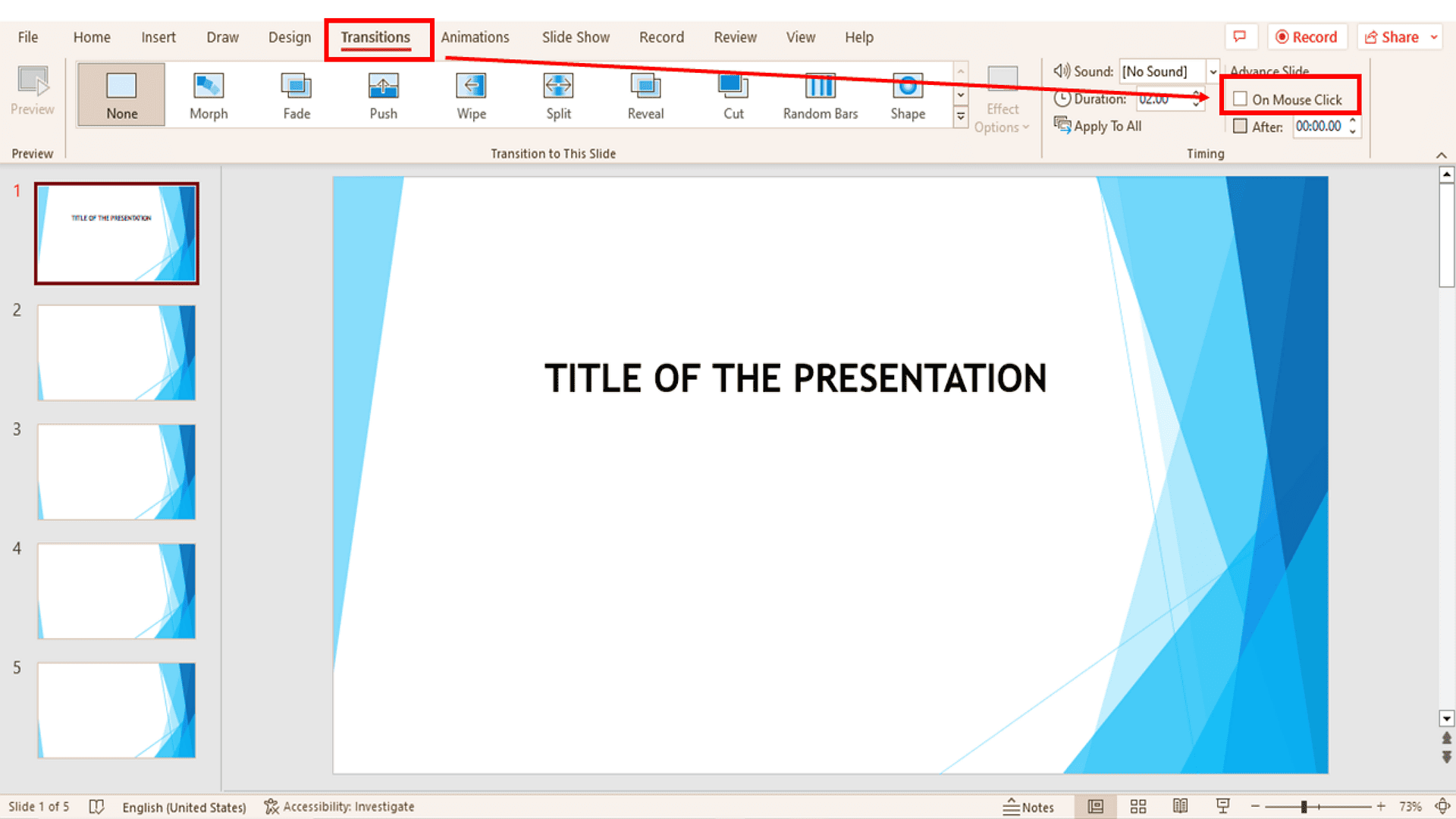 1-5.Under the Timing section, find the Advance Slides options. Disable On Mouse Click and enable After, then set your preferred slide duration