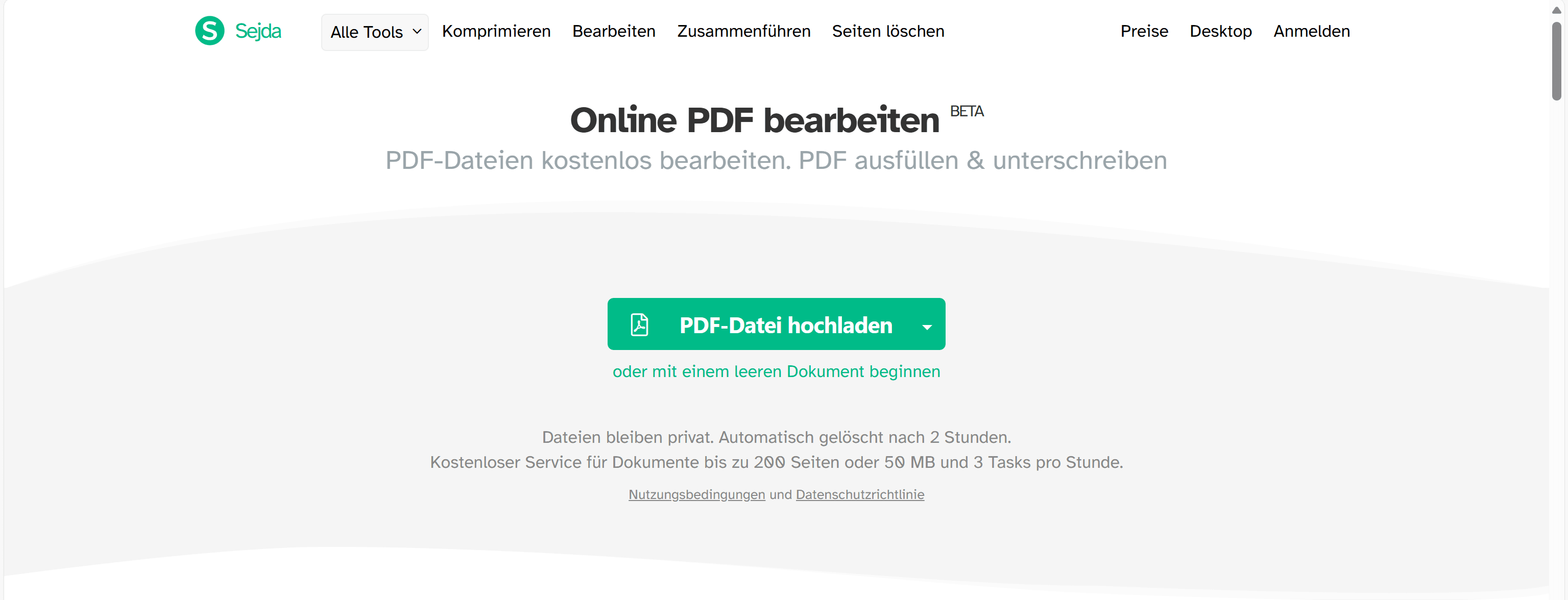 1. Hochladen: Gehen Sie zum Sejda PDF-Metadaten-Editor