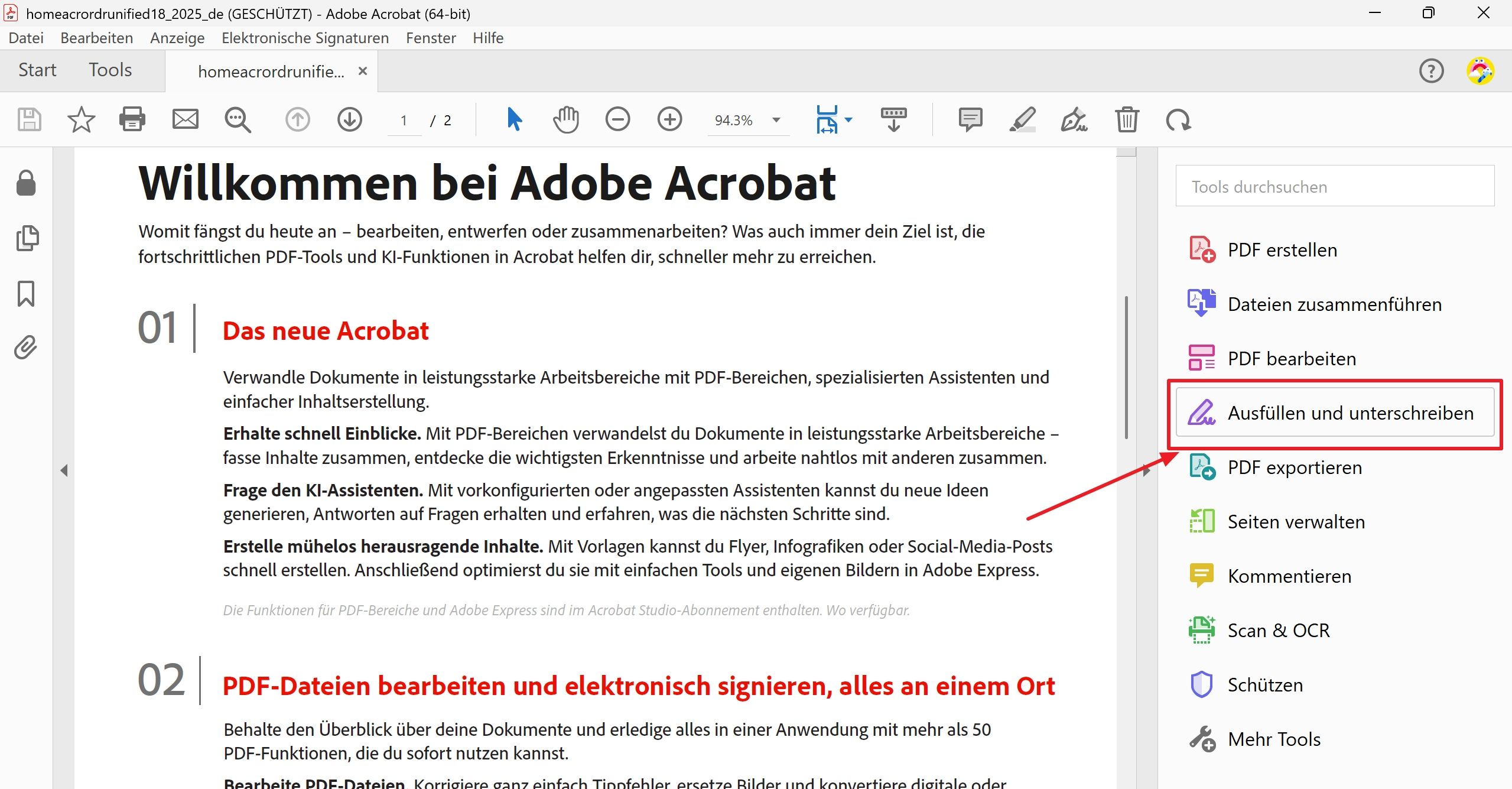 1. Öffnen Sie Ihre PDF in Adobe Acrobat Reader.