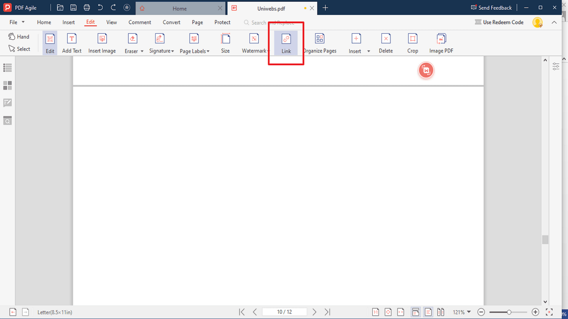 1. Open the file in PDF Agile. Go to Edit Tab. And then, click on the Link Option.