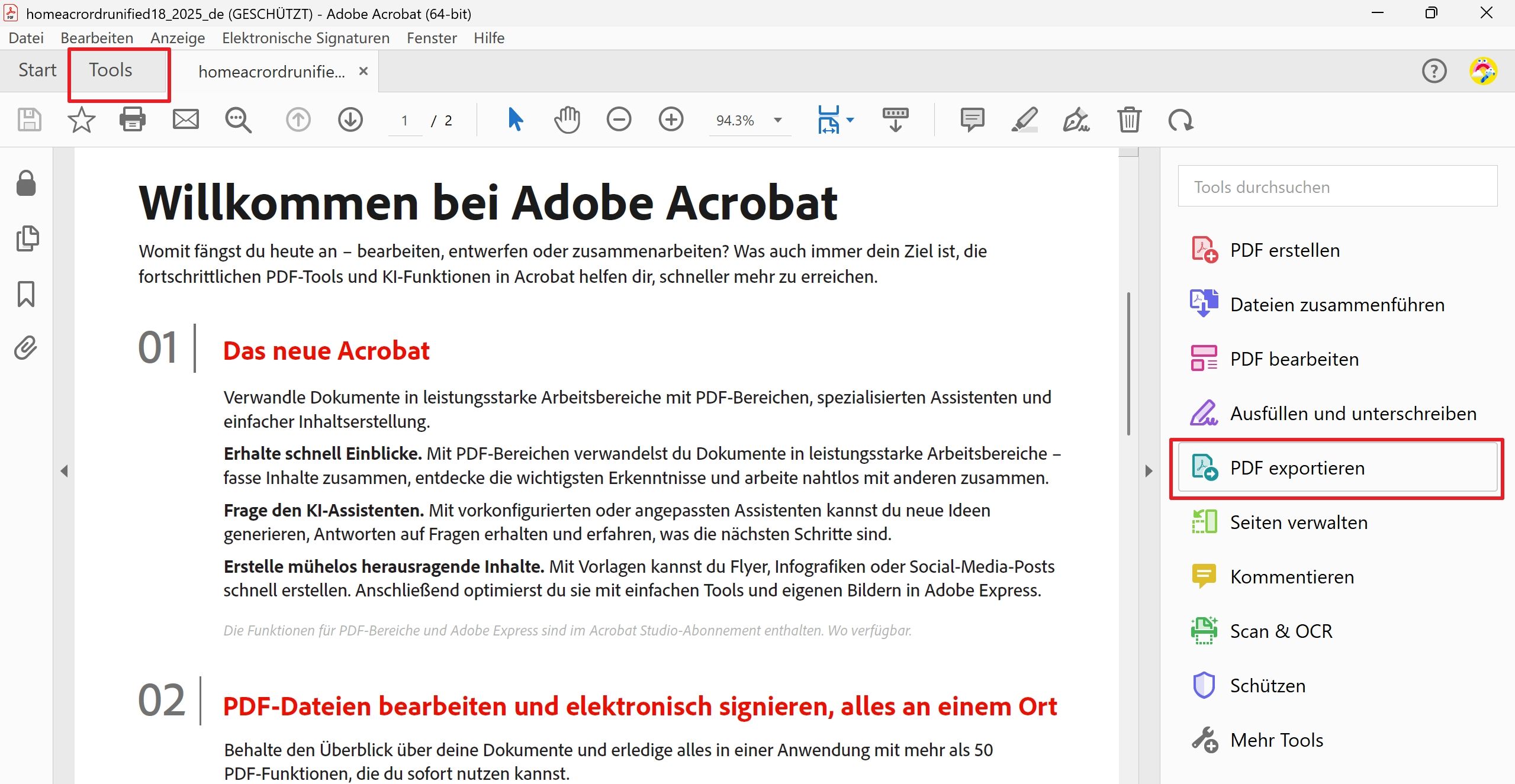 1. Rechtsklick auf die PDF → „Öffnen mit Acrobat Pro“.
