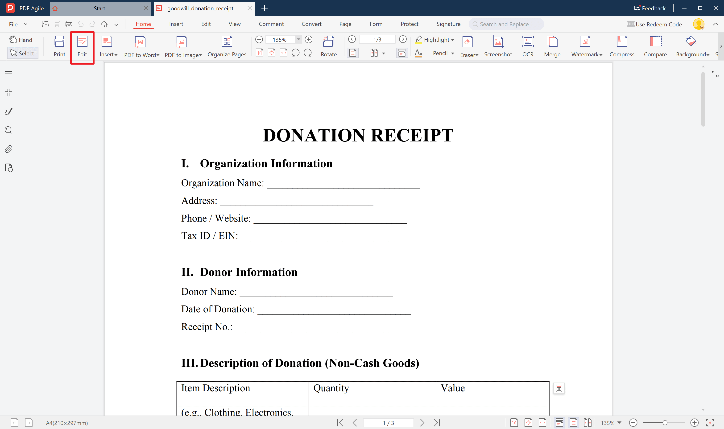 Download the editable donation receipt template from PDF Agile