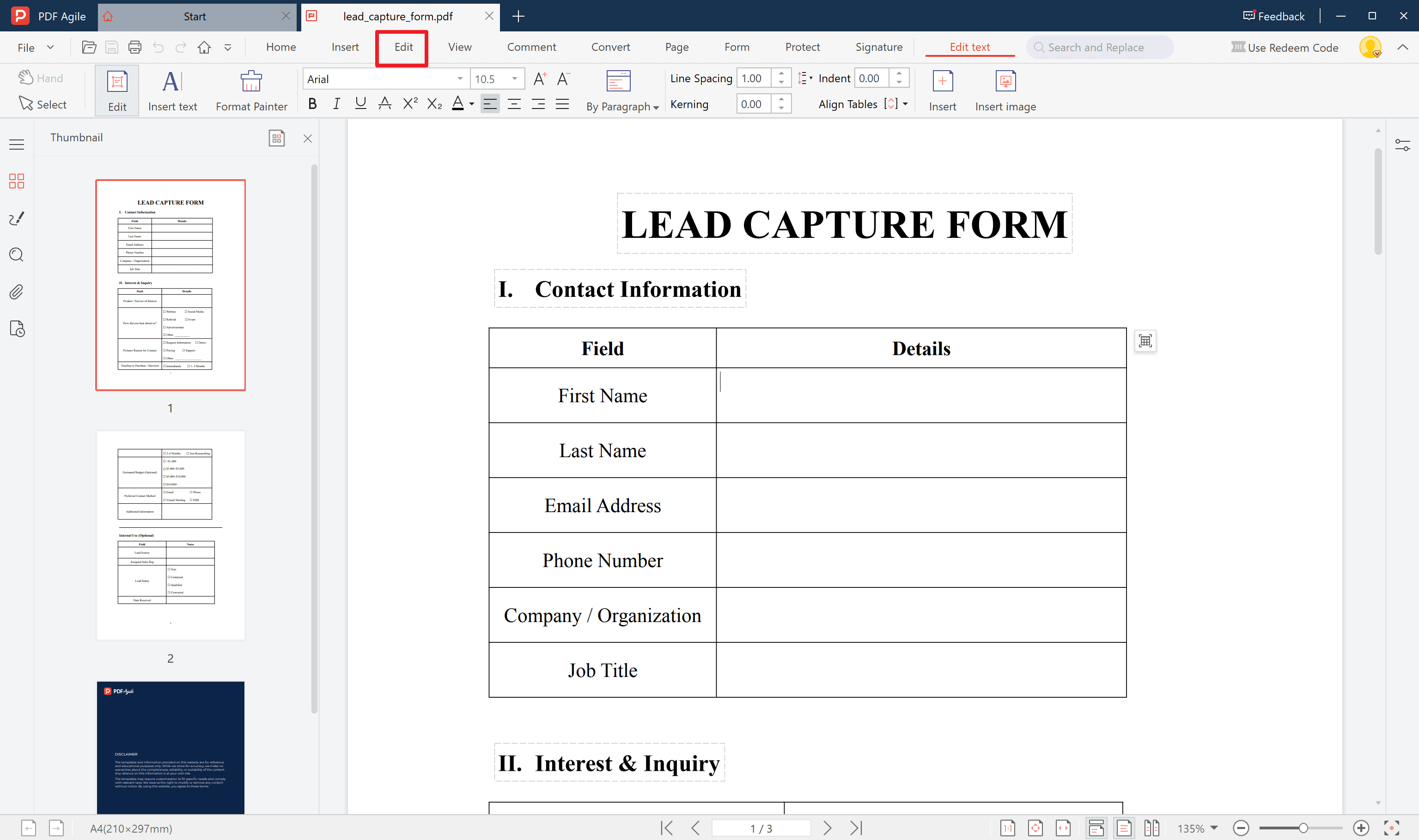 Download and open the editable template within PDF Agile
