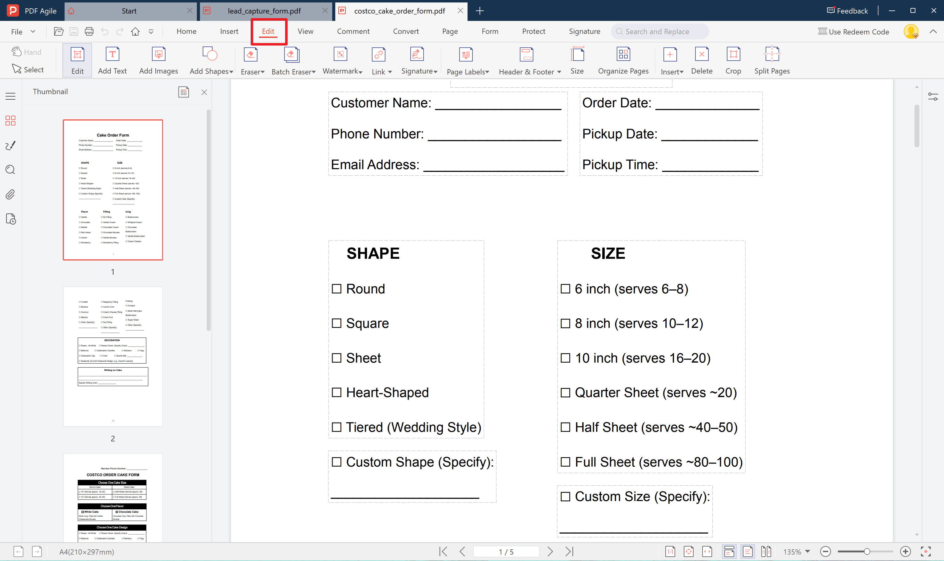 Download and open the Cake Order Form Template in PDF Agile